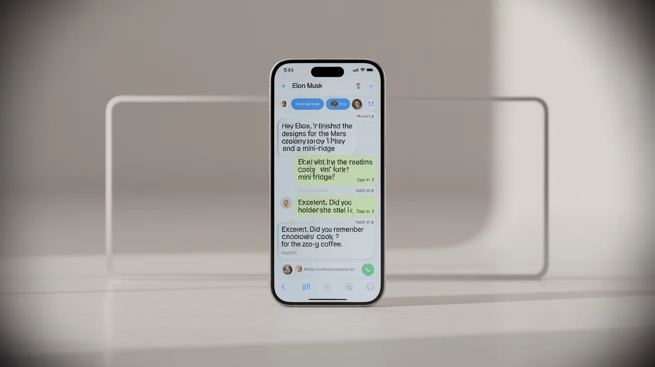 A mockup of a smartphone on a white background displaying a humorous, fake WhatsApp conversation with a contact named 'Elon Musk' about designing pods for a Mars colony.