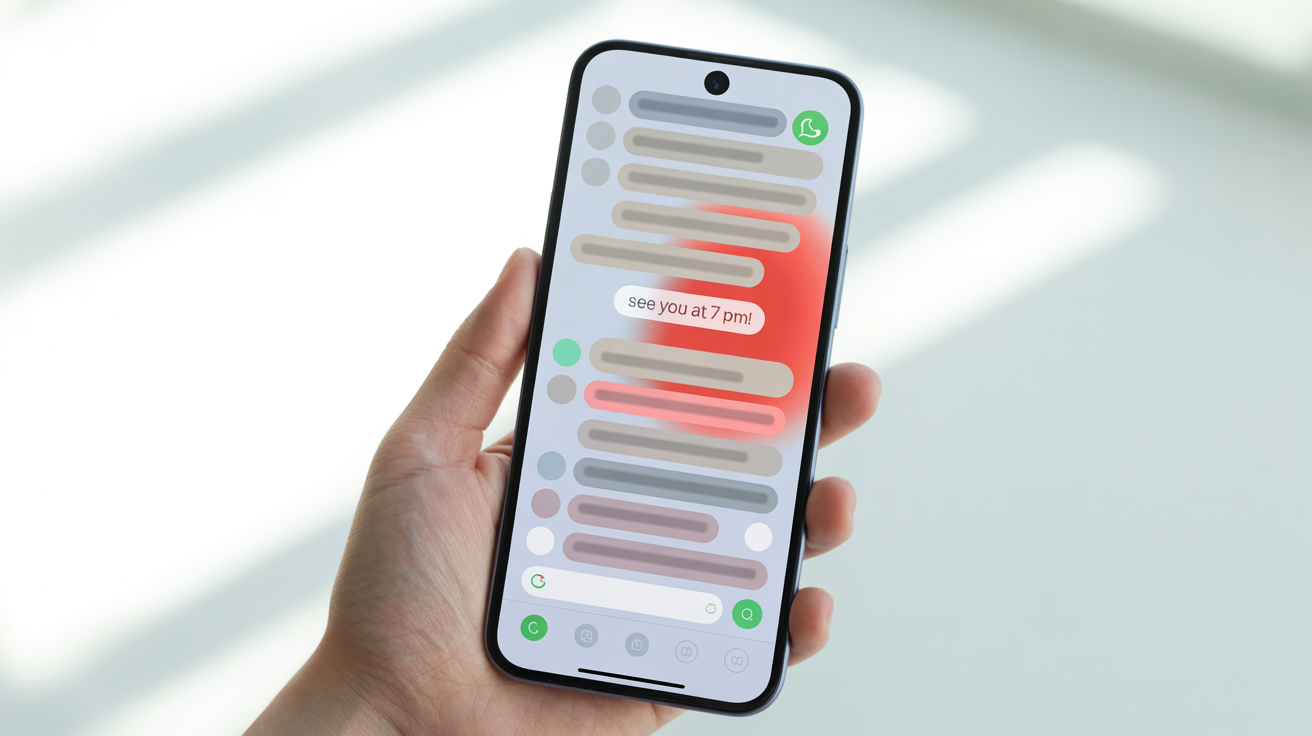 A smartphone being held, displaying a WhatsApp chat screen. One message saying 'See you at 7 PM!' is circled in red, illustrating an editing or highlighting feature.