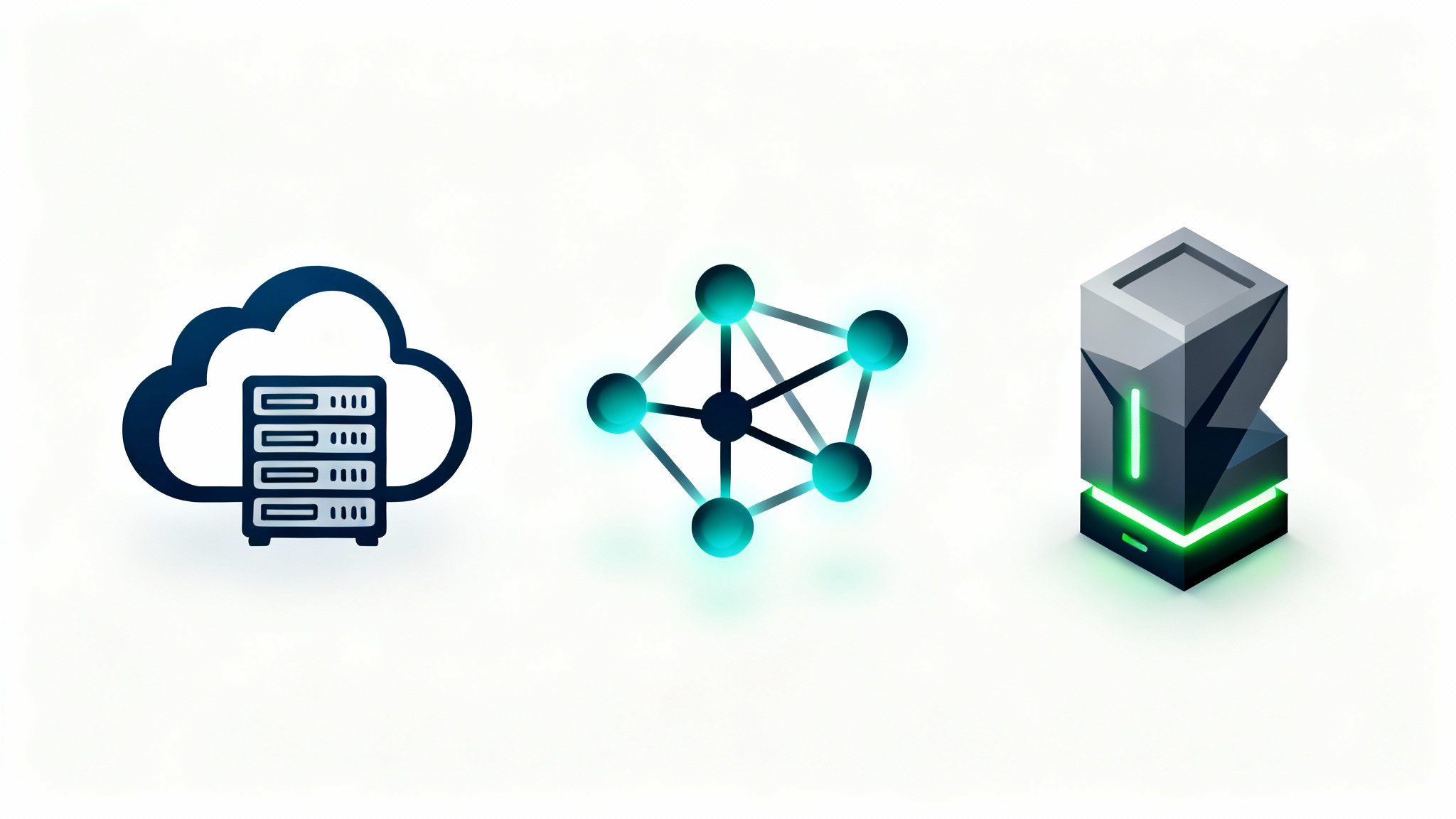 A collection of four modern, minimalist server icons in blue, teal, and gray, displayed on a clean white background, representing concepts like cloud hosting, networking, and security.