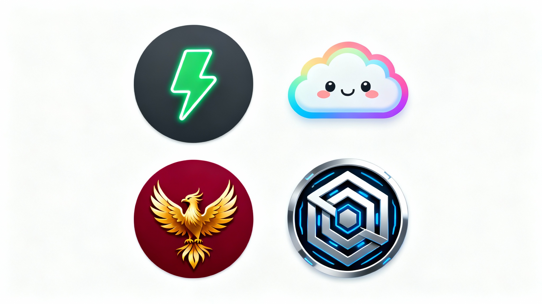 A grid of four modern server icons on a white background, each with a unique design: a neon lightning bolt, a cute rainbow cloud, a golden phoenix, and a futuristic geometric pattern.