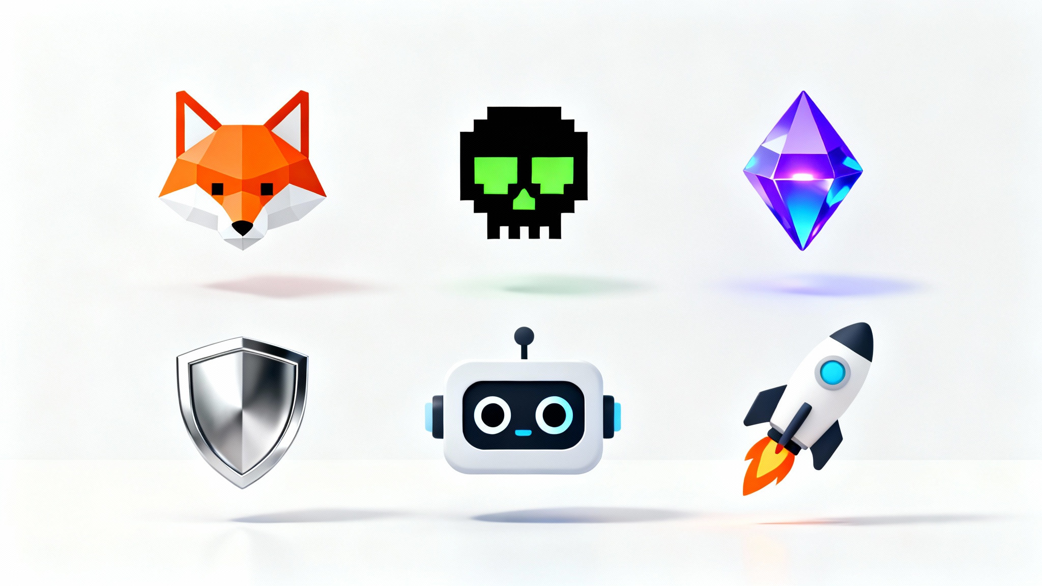 A collection of six modern and colorful server icons, including a geometric fox, a pixel art skull, and a friendly robot, displayed on a clean white background.