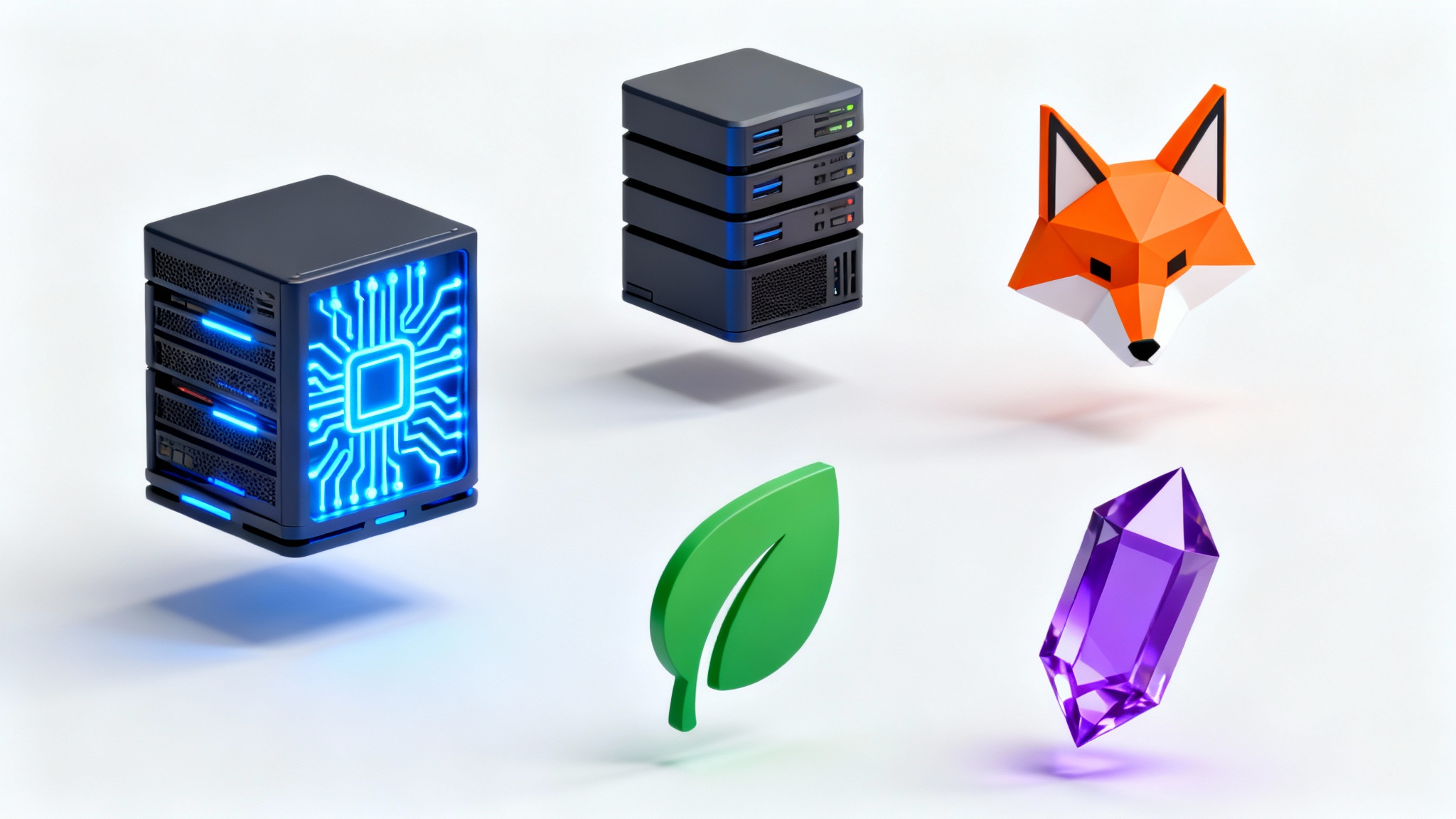 A collection of four distinct and colorful server icons floating against a white background, including a circuit board, a fox, a leaf, and a crystal.