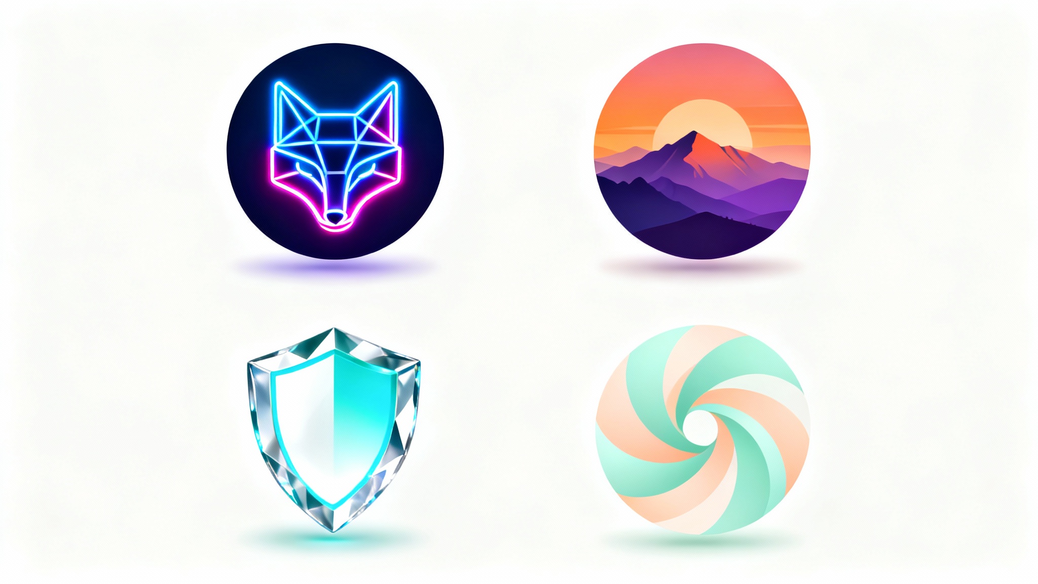 A grid of four diverse and modern server icons on a white background, including a neon fox, a mountain landscape, a crystal shield, and an abstract community design.