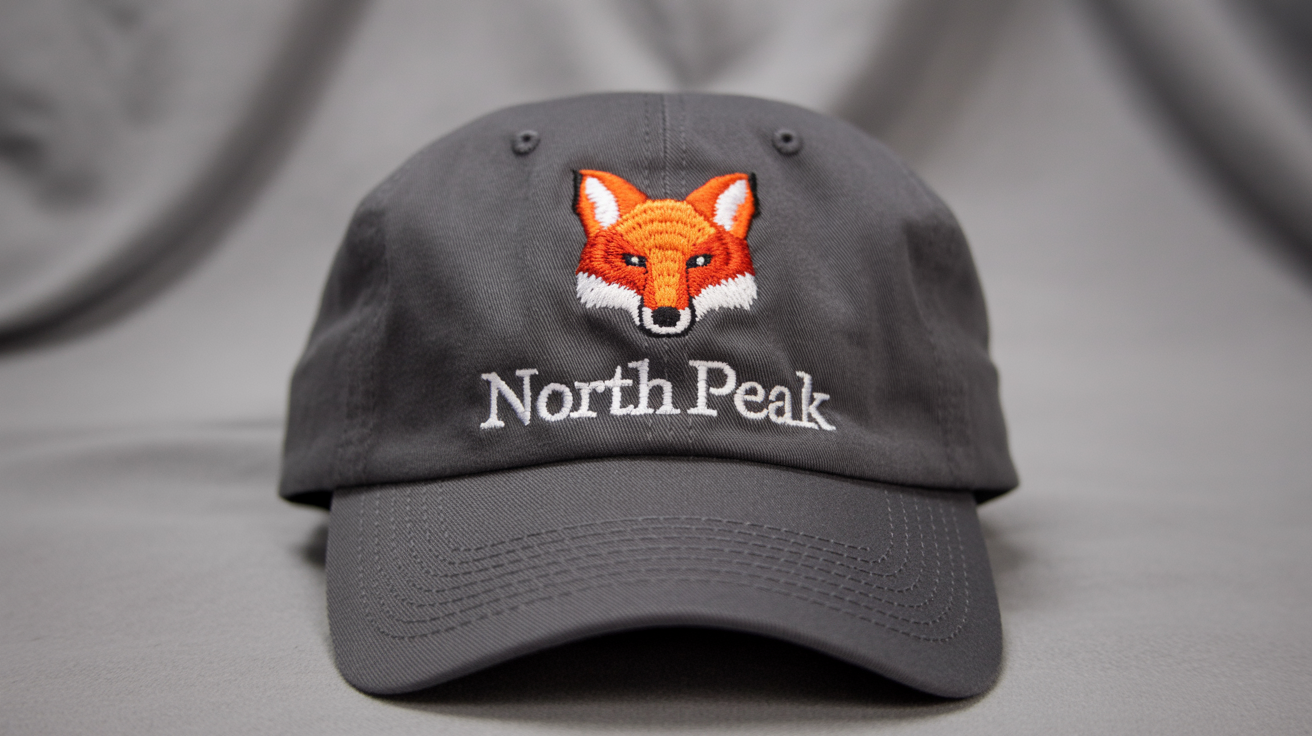 A professional mockup of a charcoal gray hat featuring a high-quality embroidery of a geometric fox and the text 'NORTH PEAK'.