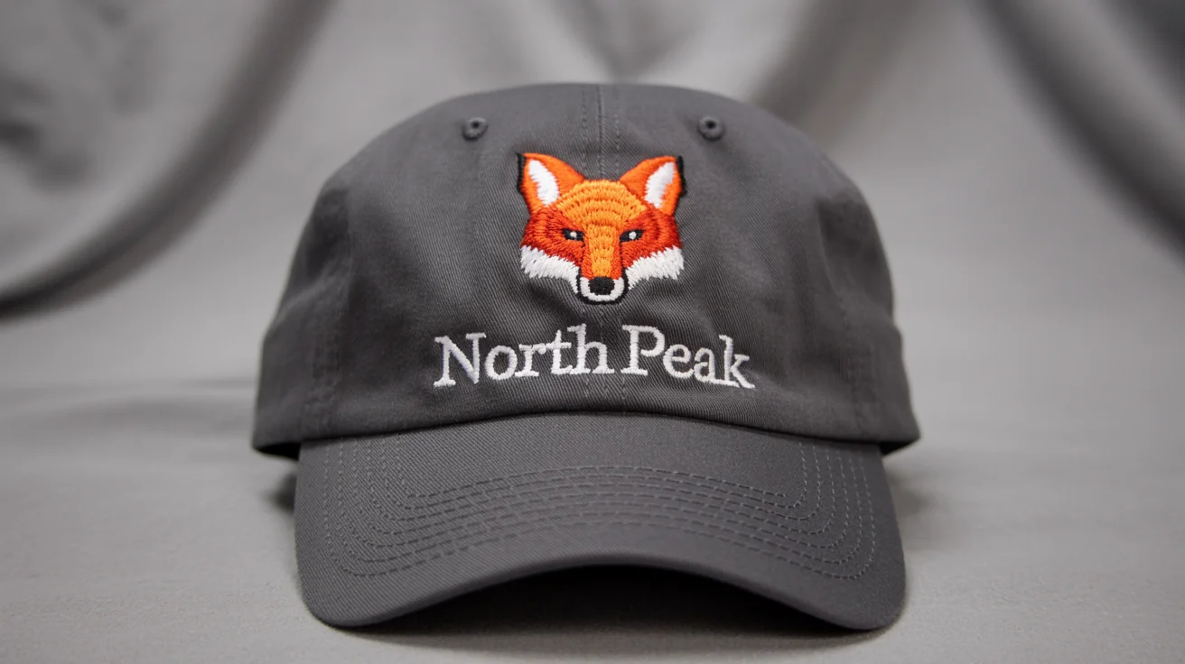 A professional mockup of a charcoal gray hat featuring a high-quality embroidery of a geometric fox and the text 'NORTH PEAK'.