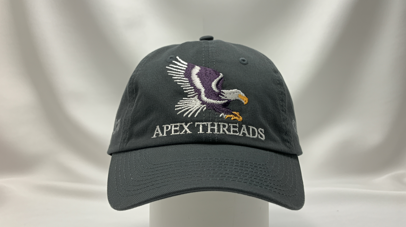 A photorealistic mockup of a dark charcoal gray baseball cap with a detailed embroidery of a soaring eagle and the text 'Apex Threads' on the front, set against a clean white background.