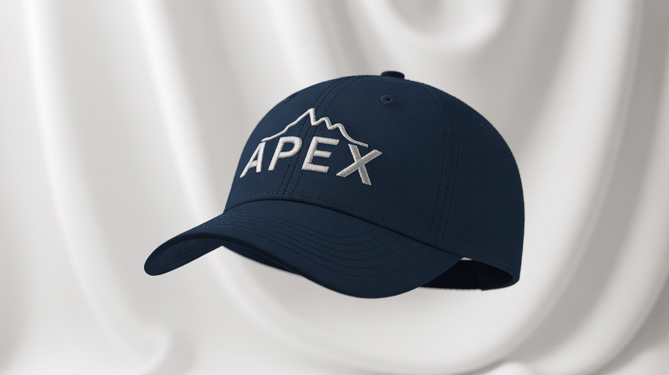 A photorealistic mockup of a navy blue baseball cap with a detailed white embroidery of a mountain logo and the word 'Apex' on a clean white background.
