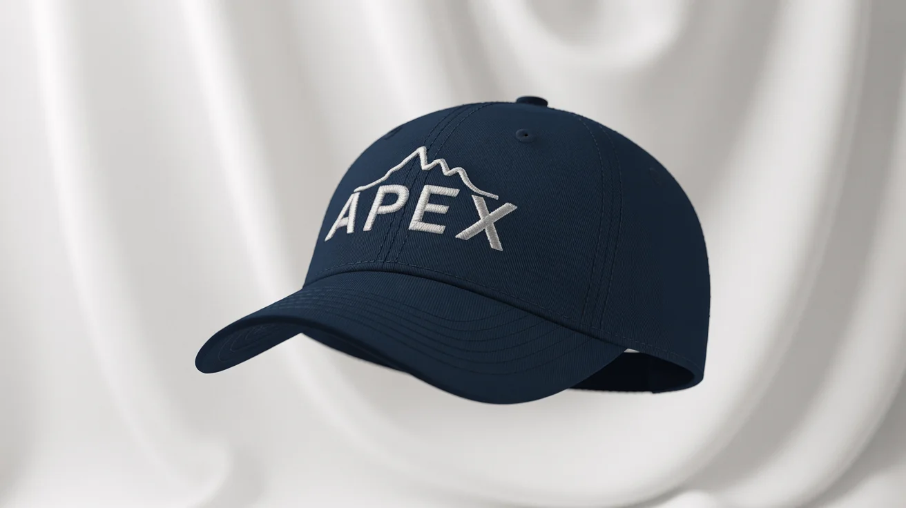 A photorealistic mockup of a navy blue baseball cap with a detailed white embroidery of a mountain logo and the word 'Apex' on a clean white background.