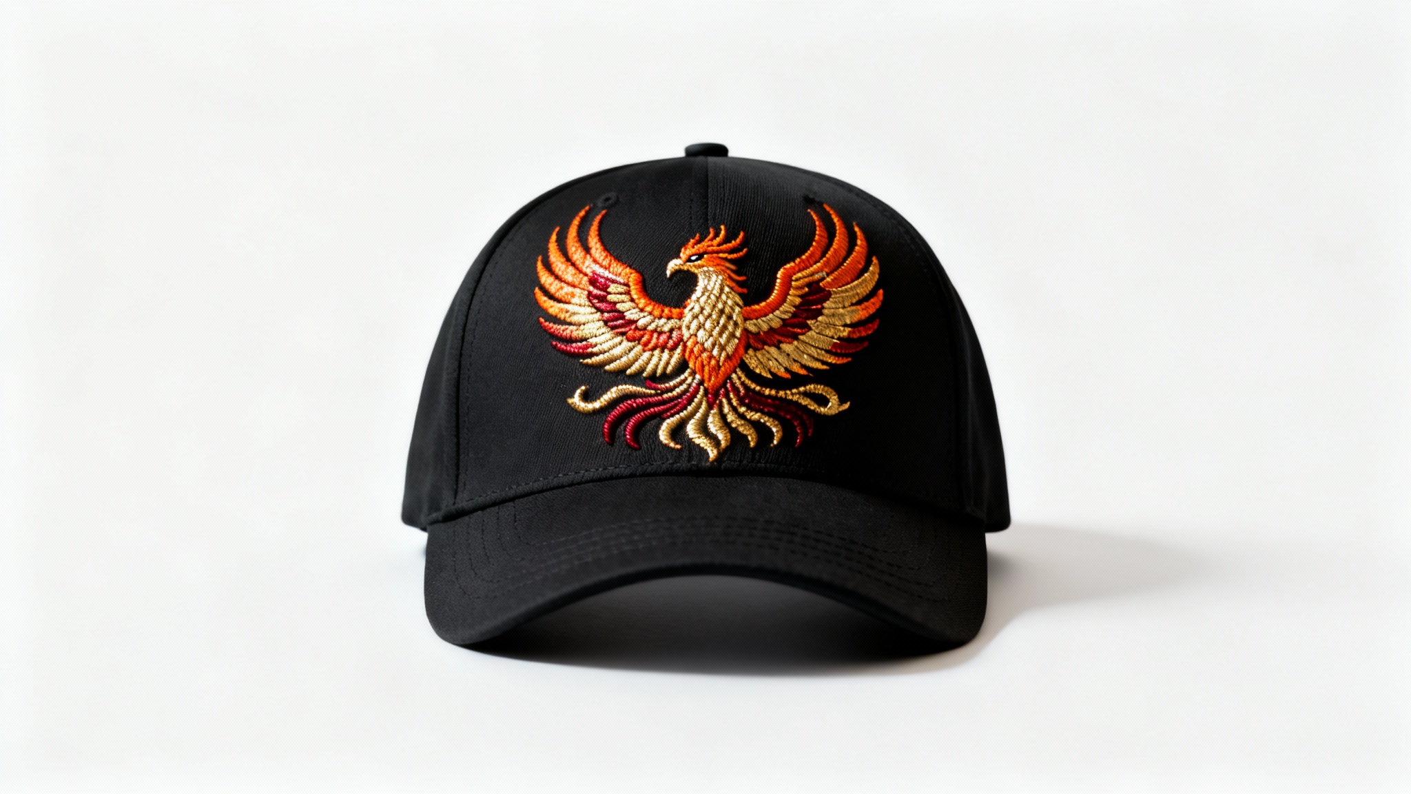 A photorealistic mockup of a black baseball cap with a detailed, high-quality embroidery of a fiery phoenix on the front, displayed against a clean white background.