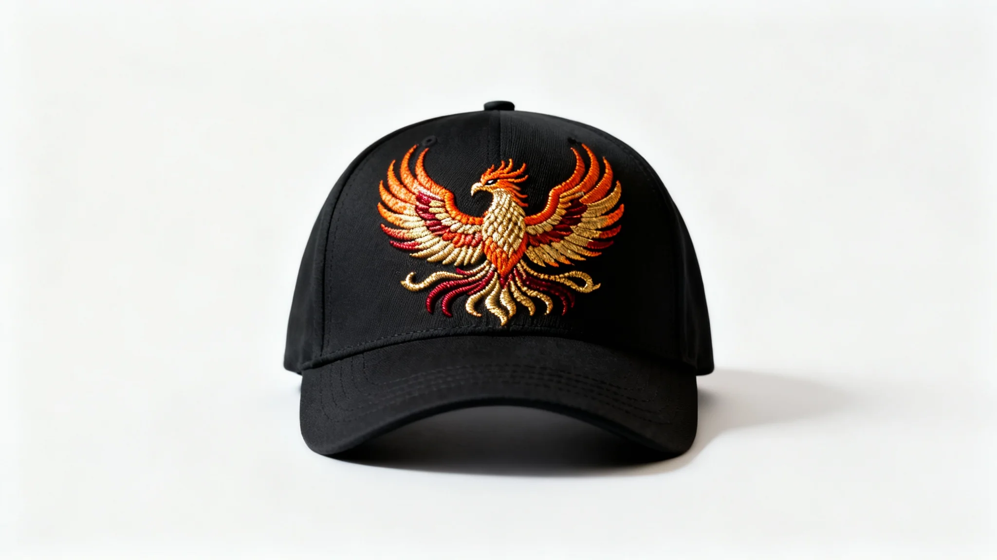A photorealistic mockup of a black baseball cap with a detailed, high-quality embroidery of a fiery phoenix on the front, displayed against a clean white background.