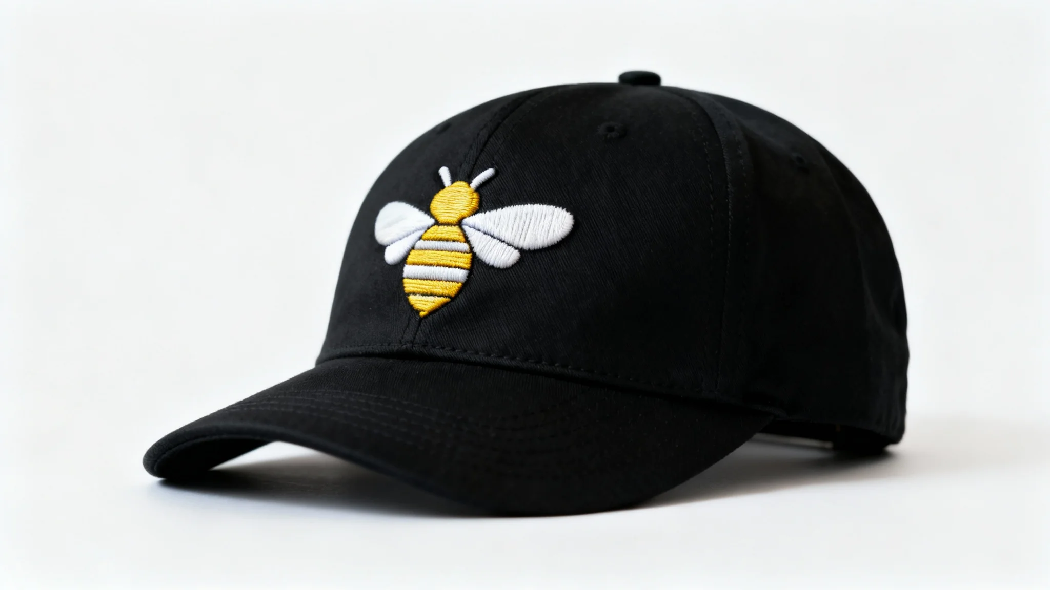 A photorealistic mockup of a black dad hat with a detailed, high-quality embroidery of a geometric golden honeybee on the front, presented on a clean white background.