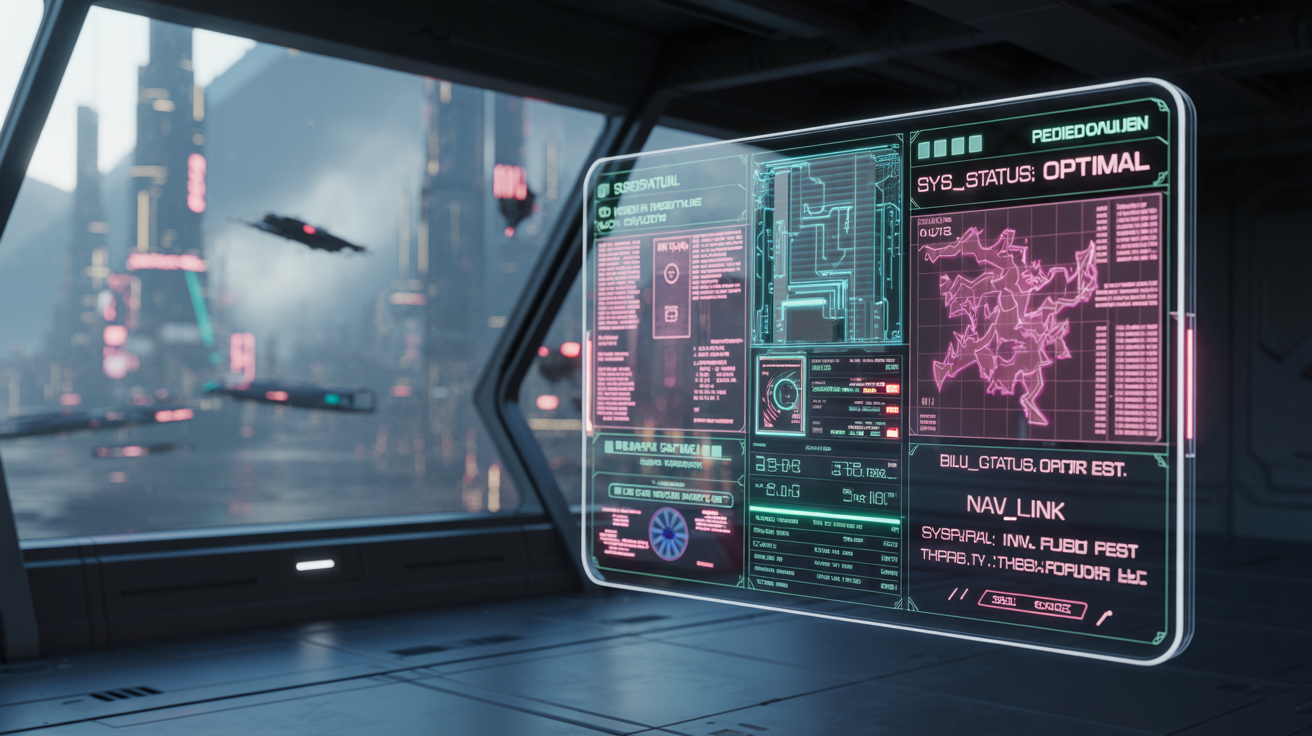 A final, polished design of a complex cyberpunk user interface with neon pink and blue elements, displayed on a holographic screen against a futuristic city backdrop.
