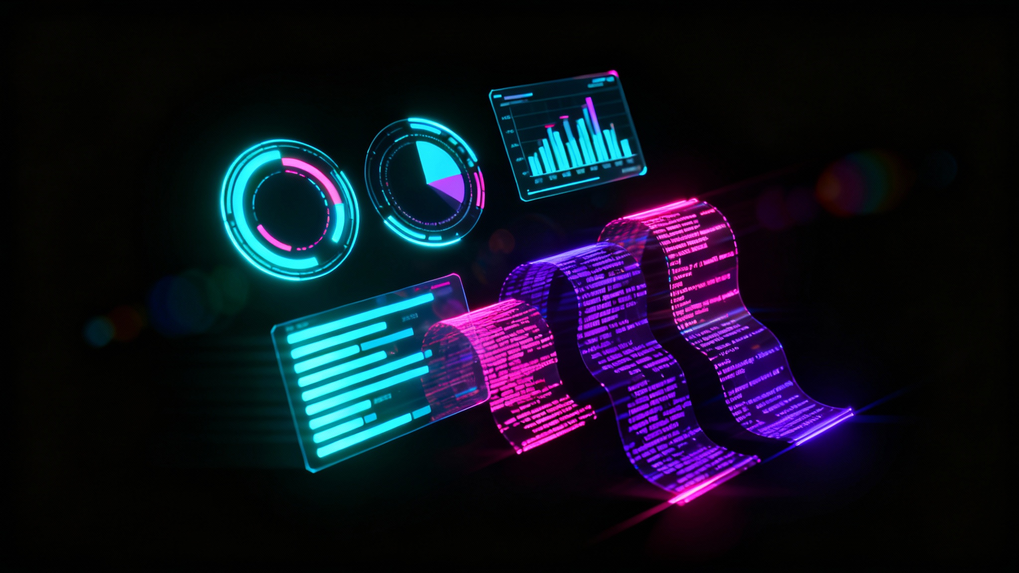 A mockup of a cyberpunk user interface design, featuring floating holographic elements like glowing blue and pink charts and data streams against a dark background.