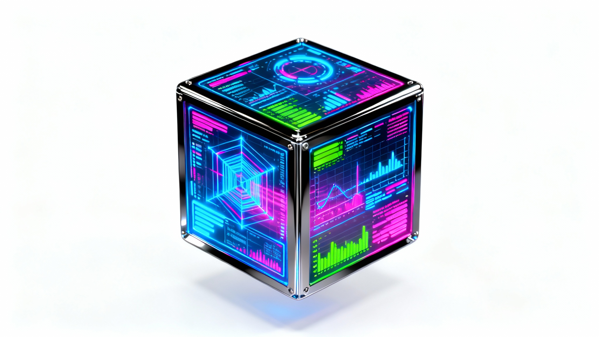 A 3D rendering of a futuristic cyberpunk user interface cube, glowing with neon blue and magenta holographic data, floating against a clean white background.