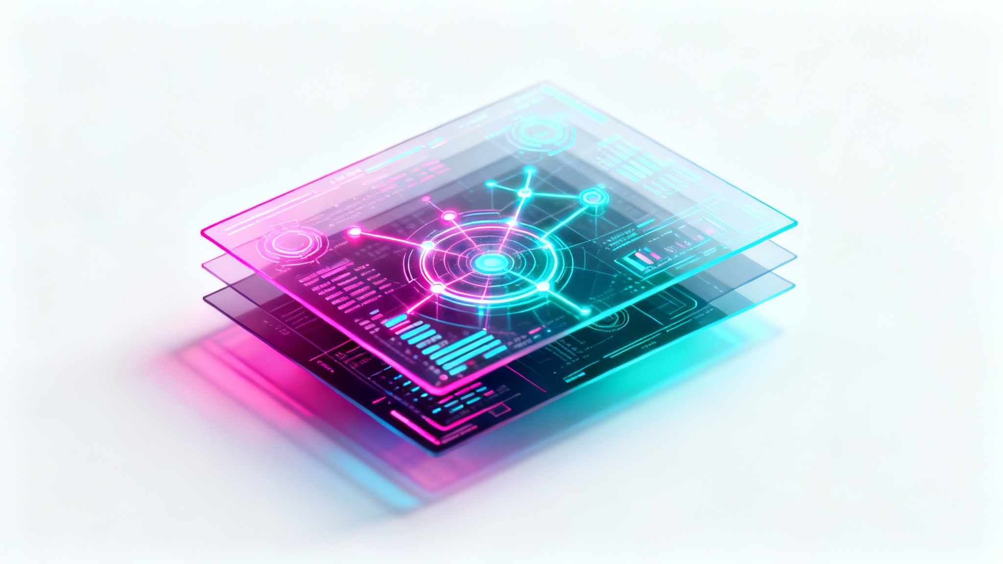 A futuristic holographic user interface with glowing neon blue and pink data visualizations, floating against a clean white background.