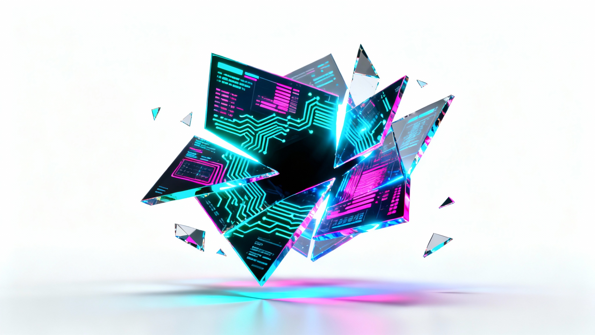 A futuristic cyberpunk holographic display floats against a white background, glowing with neon blue and magenta light and showing abstract data patterns.