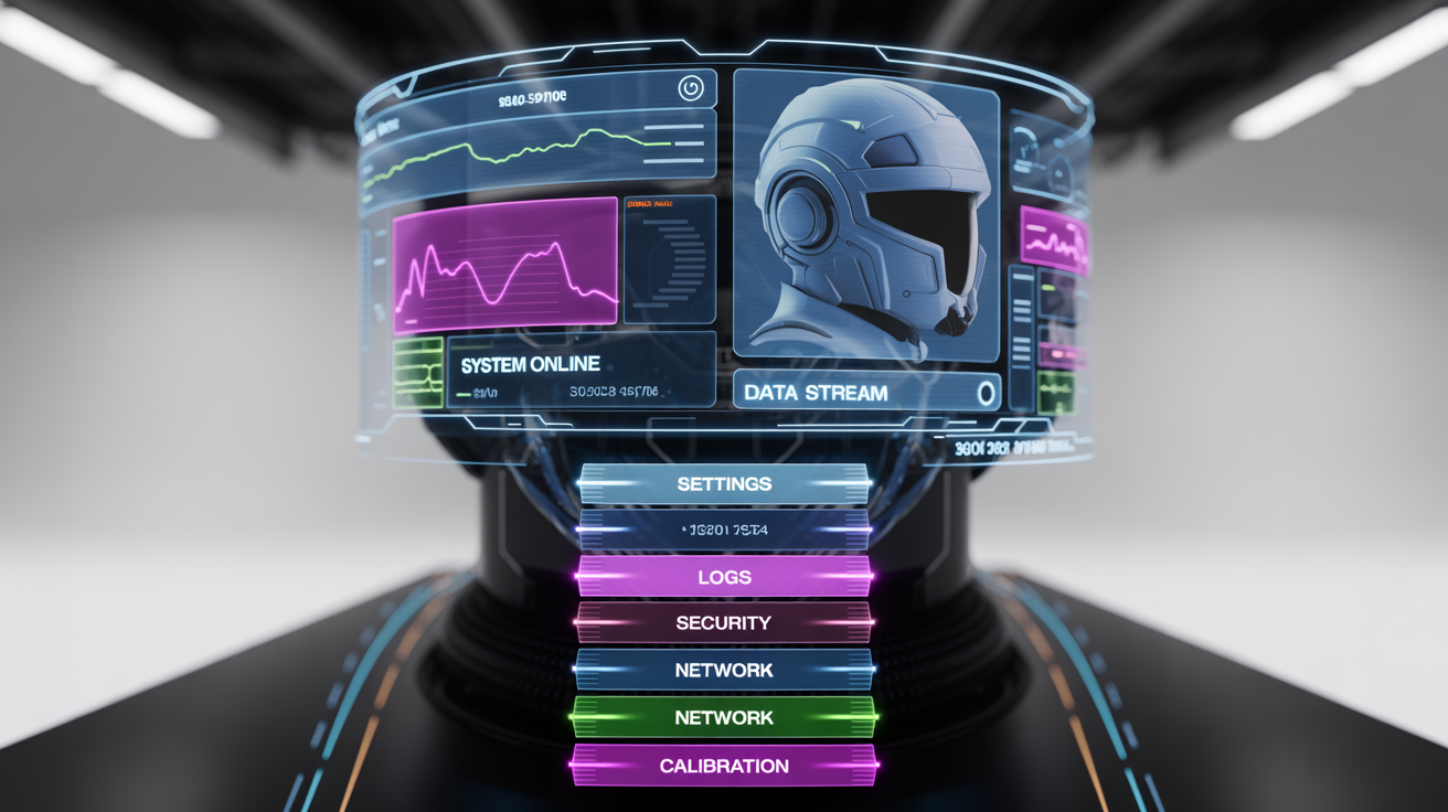 A mockup of a holographic cyberpunk user interface, glowing with neon blue and magenta data visualizations and text, floating against a clean white background.