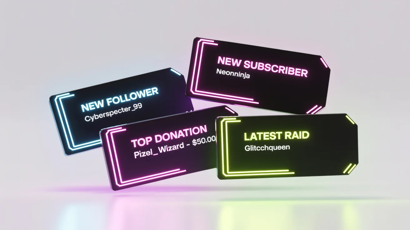 A mockup of four futuristic Twitch stream labels in neon blue, magenta, and green on a white background, displaying alerts for a new follower, new subscriber, top donation, and latest raid.