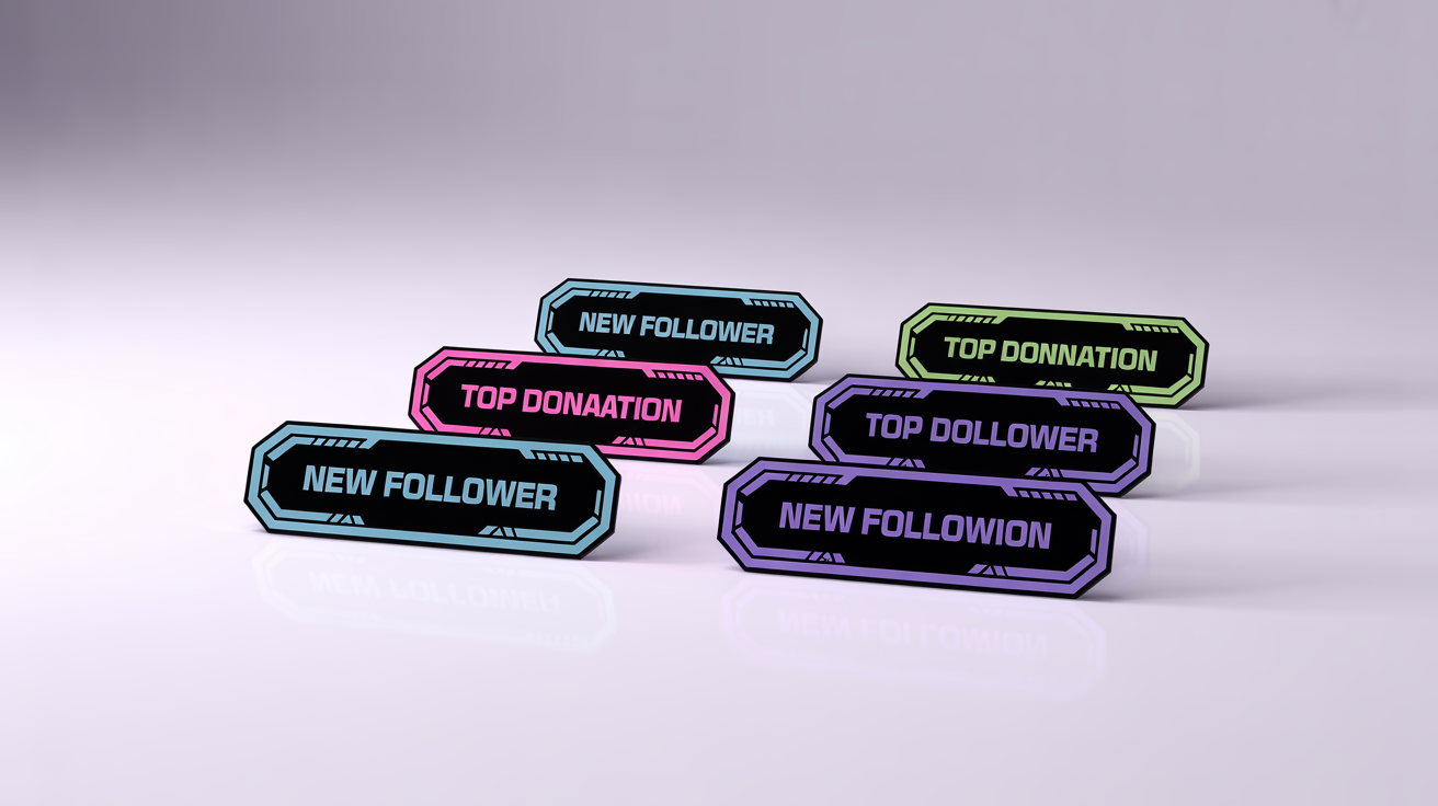 A collection of modern, glowing Twitch stream labels for new followers, subscribers, and donations, displayed in a clean mockup on a white background.