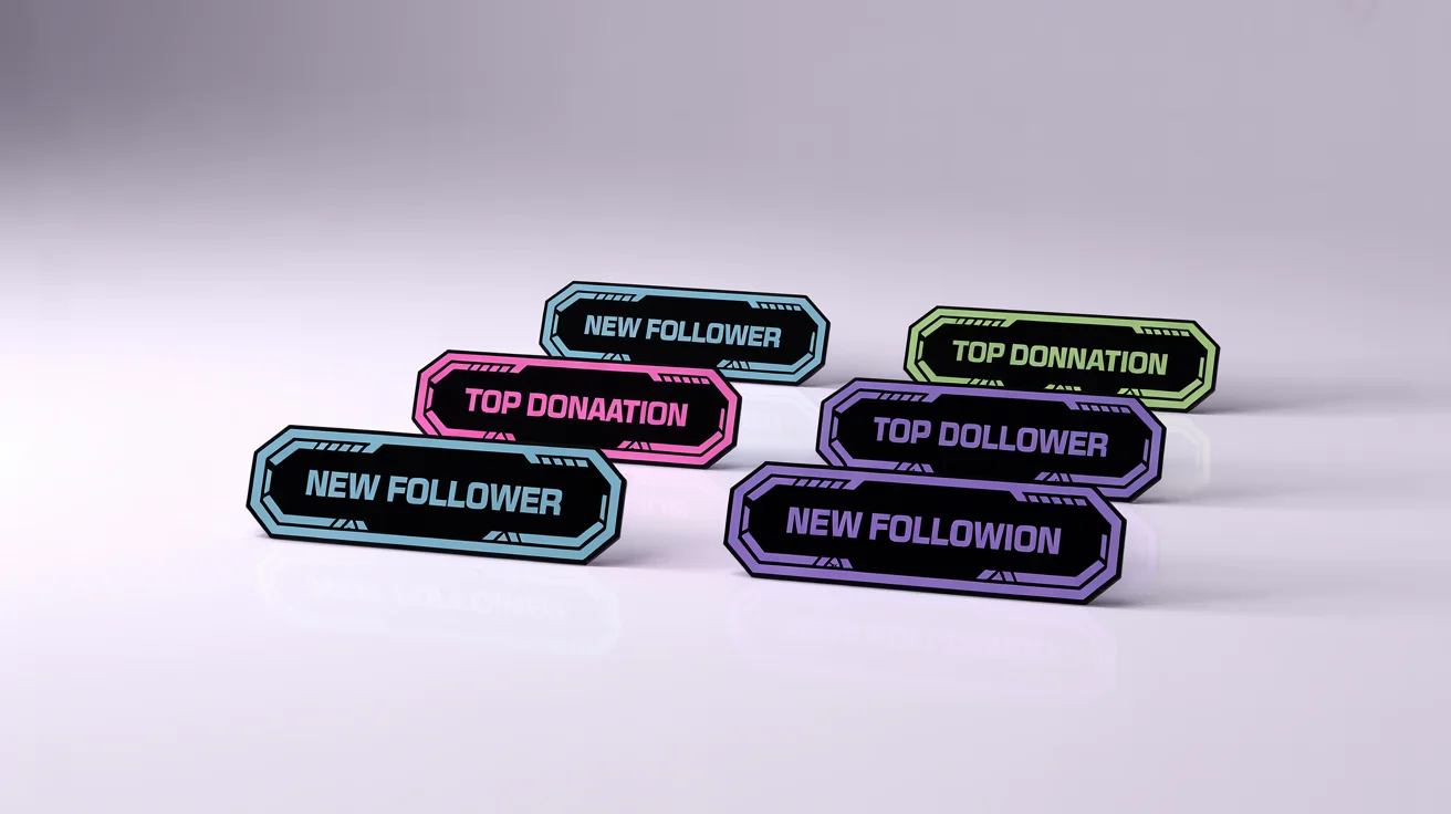 A collection of modern, glowing Twitch stream labels for new followers, subscribers, and donations, displayed in a clean mockup on a white background.