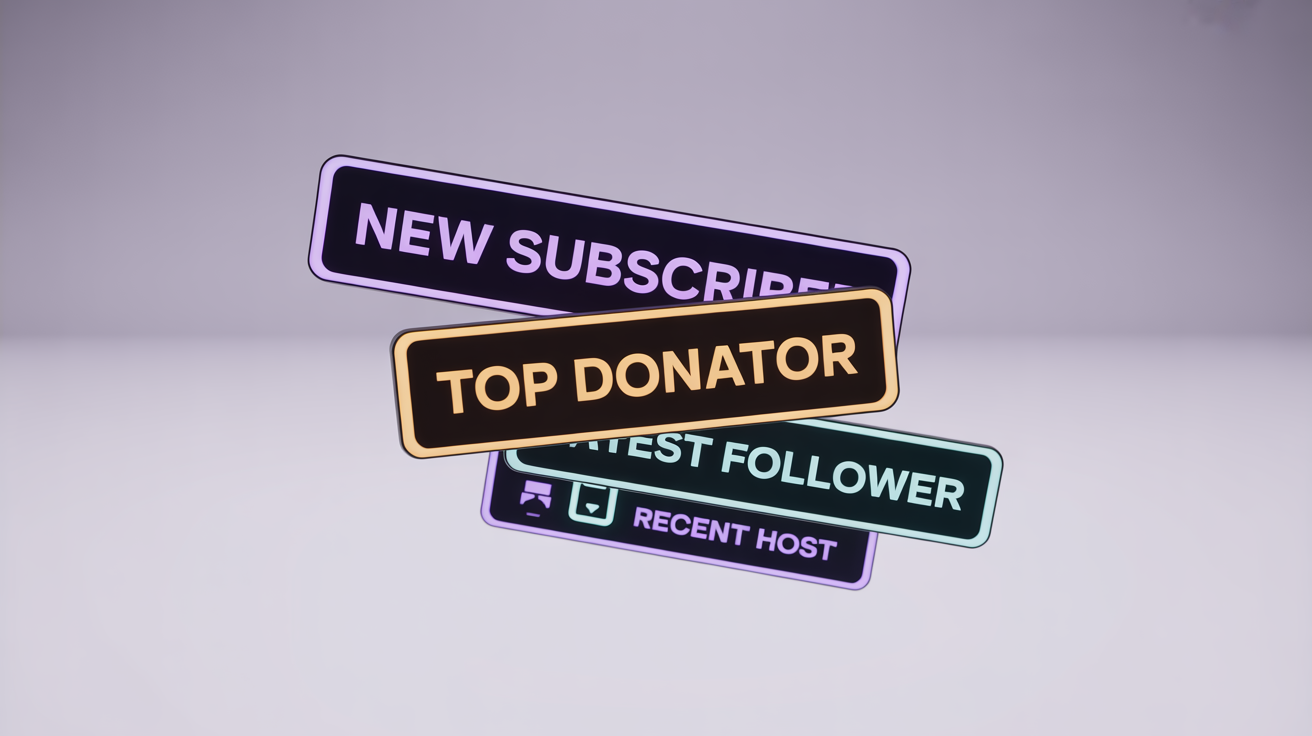 A mockup of several futuristic Twitch stream labels with glowing neon text for 'NEW SUBSCRIBER', 'TOP DONATOR', and 'LATEST FOLLOWER', arranged dynamically on a white background.