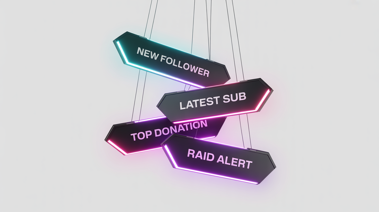 A collection of four futuristic, neon-glowing Twitch stream labels for 'New Follower', 'Latest Sub', 'Top Donation', and 'Raid Alert', presented as a product mockup on a white background.