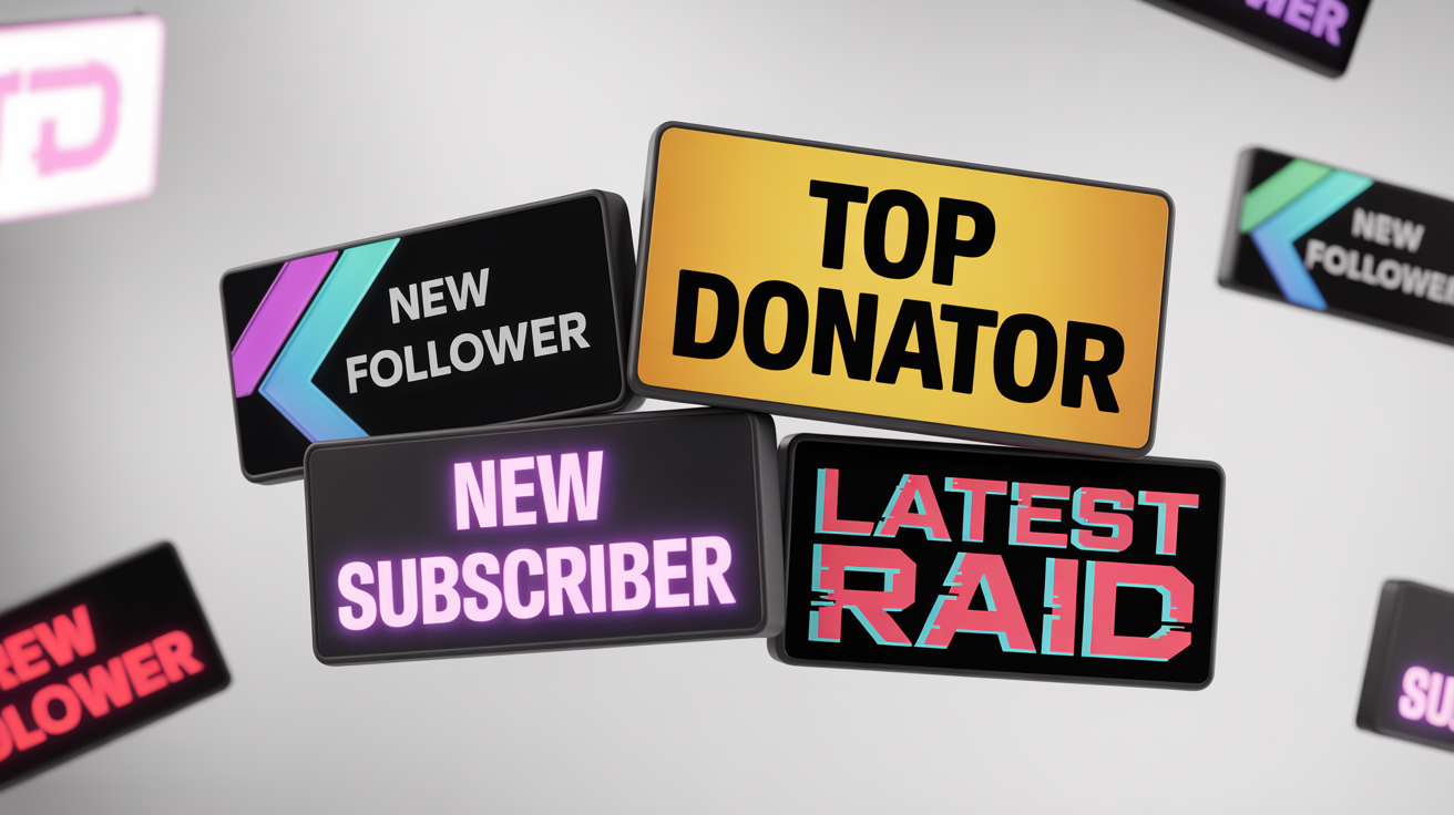 A collection of four modern Twitch stream labels with a futuristic design, featuring text for 'New Follower', 'New Subscriber', 'Top Donator', and 'Latest Raid', displayed against a clean white background.