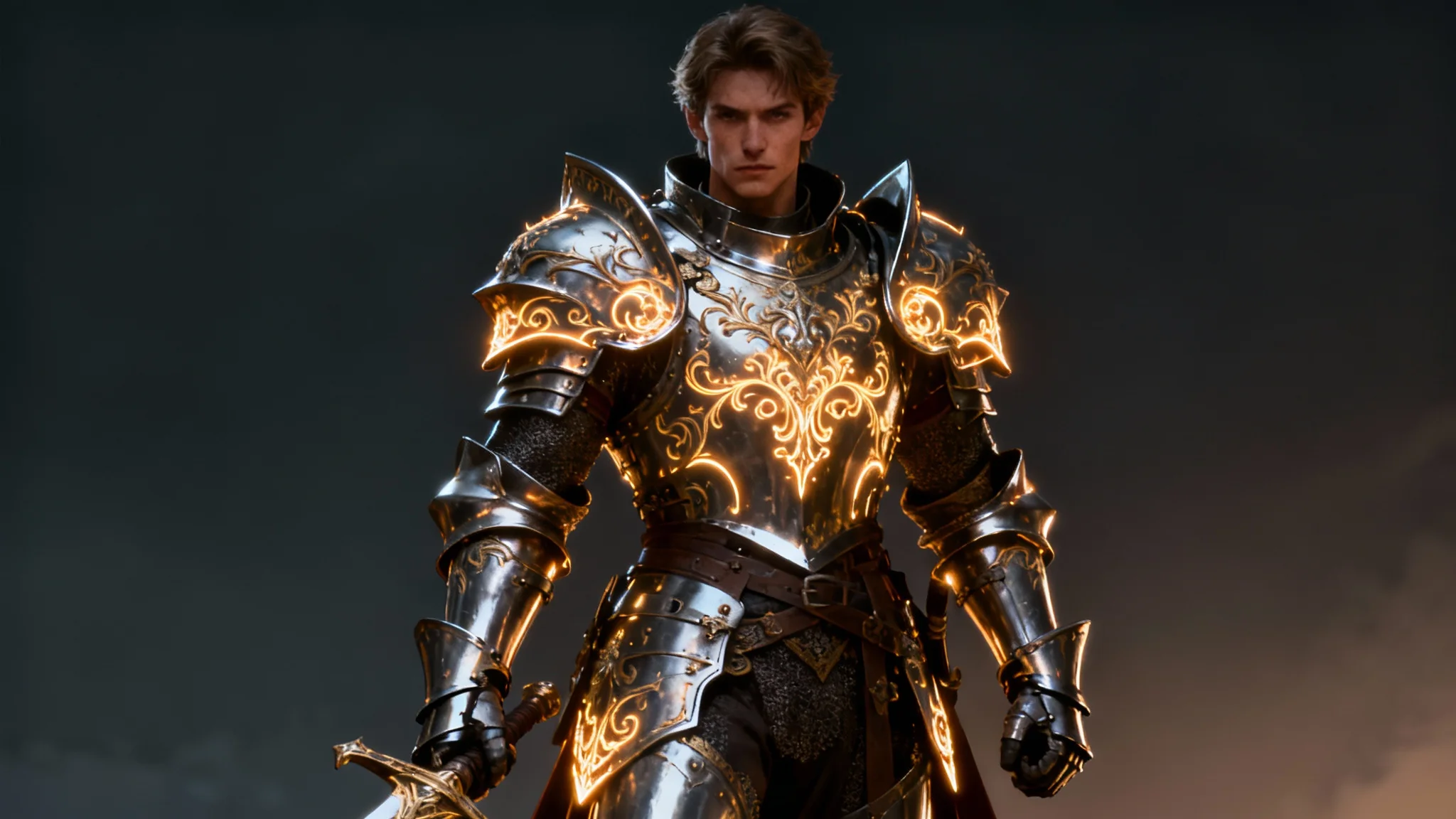 An eye-catching digital drawing of a knight in highly detailed, ornate armor, standing in a heroic pose against a dark, atmospheric background, showcasing a fantasy art style.