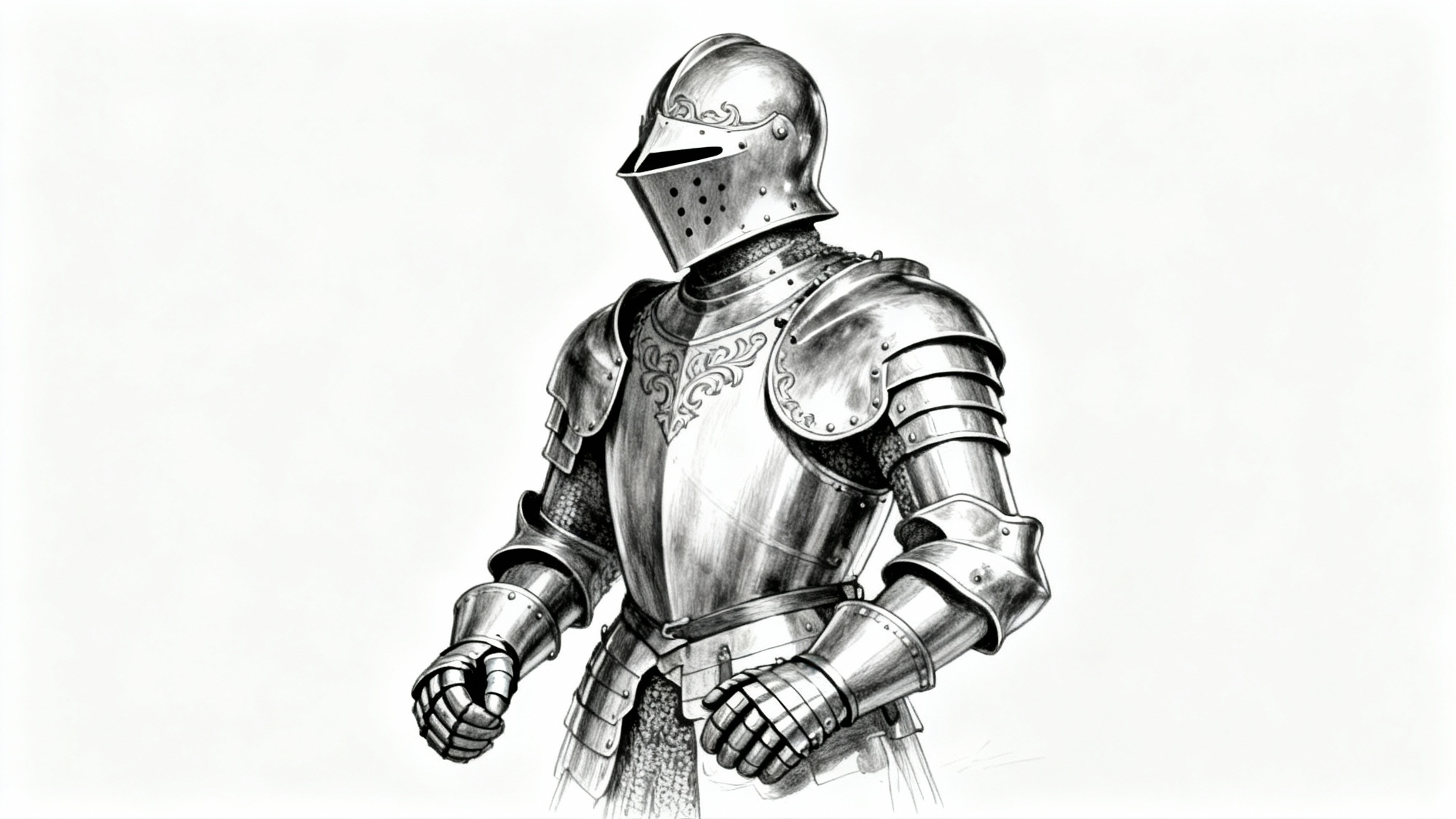 A detailed concept art drawing of a full suit of ornate knight armor, presented in a three-quarter view against a clean white background.