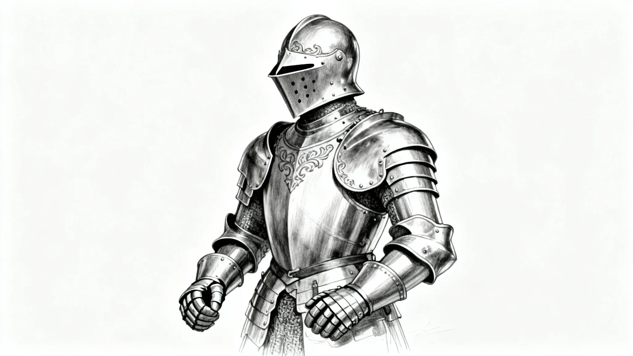 A detailed concept art drawing of a full suit of ornate knight armor, presented in a three-quarter view against a clean white background.