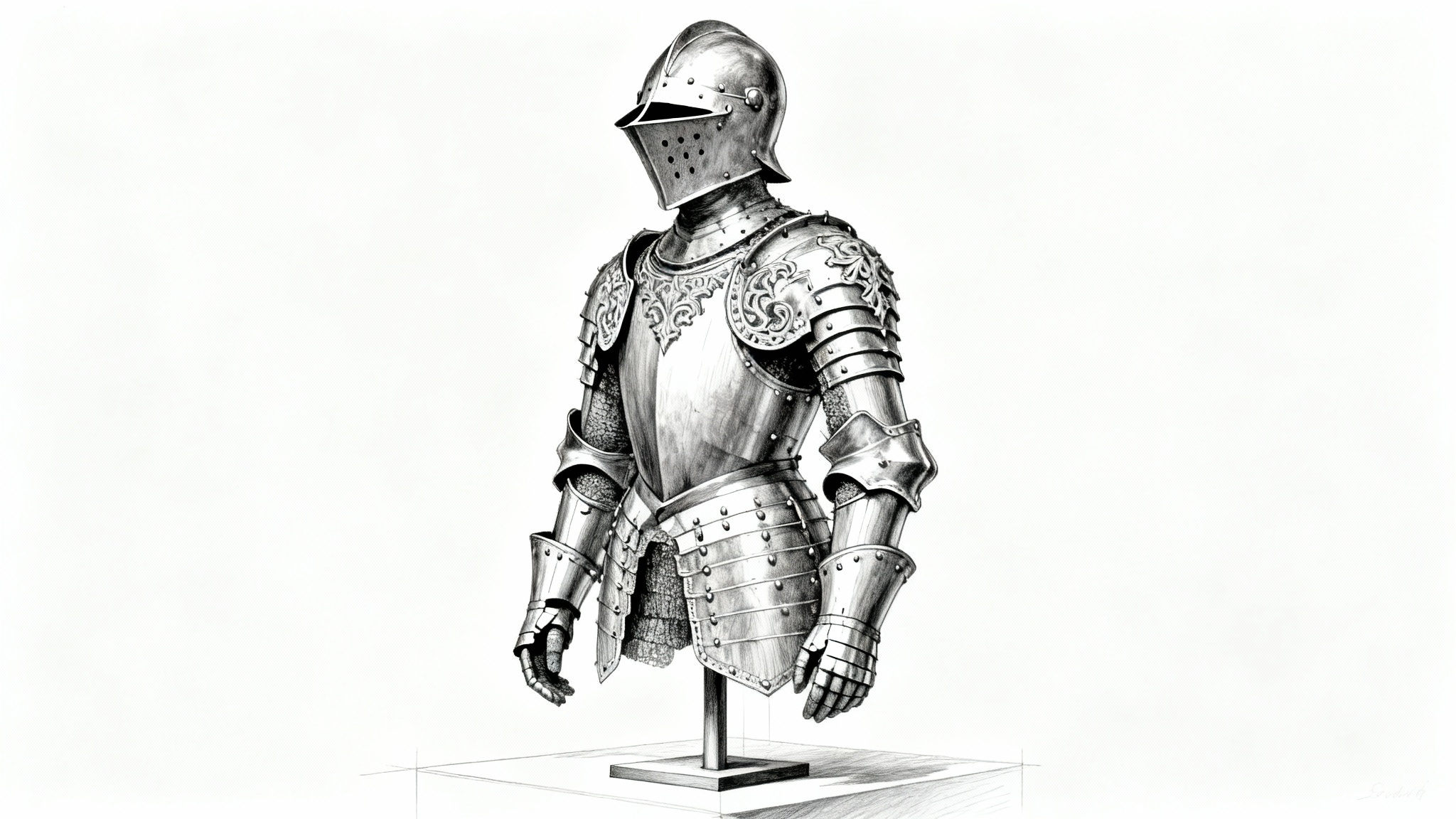 A detailed concept art drawing of a full suit of gothic knight armor, rendered in pencil and ink against a solid white background.