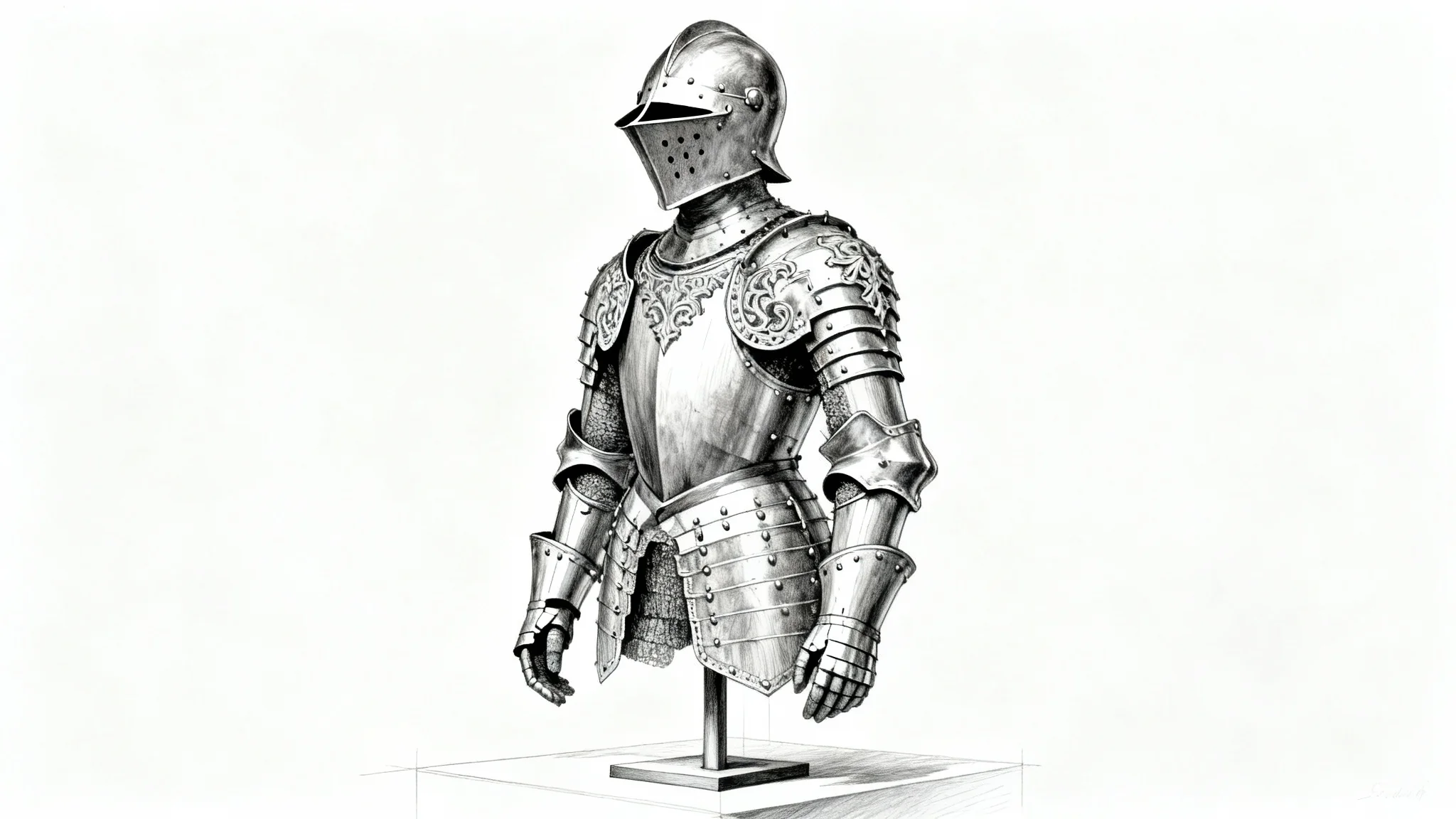 A detailed concept art drawing of a full suit of gothic knight armor, rendered in pencil and ink against a solid white background.