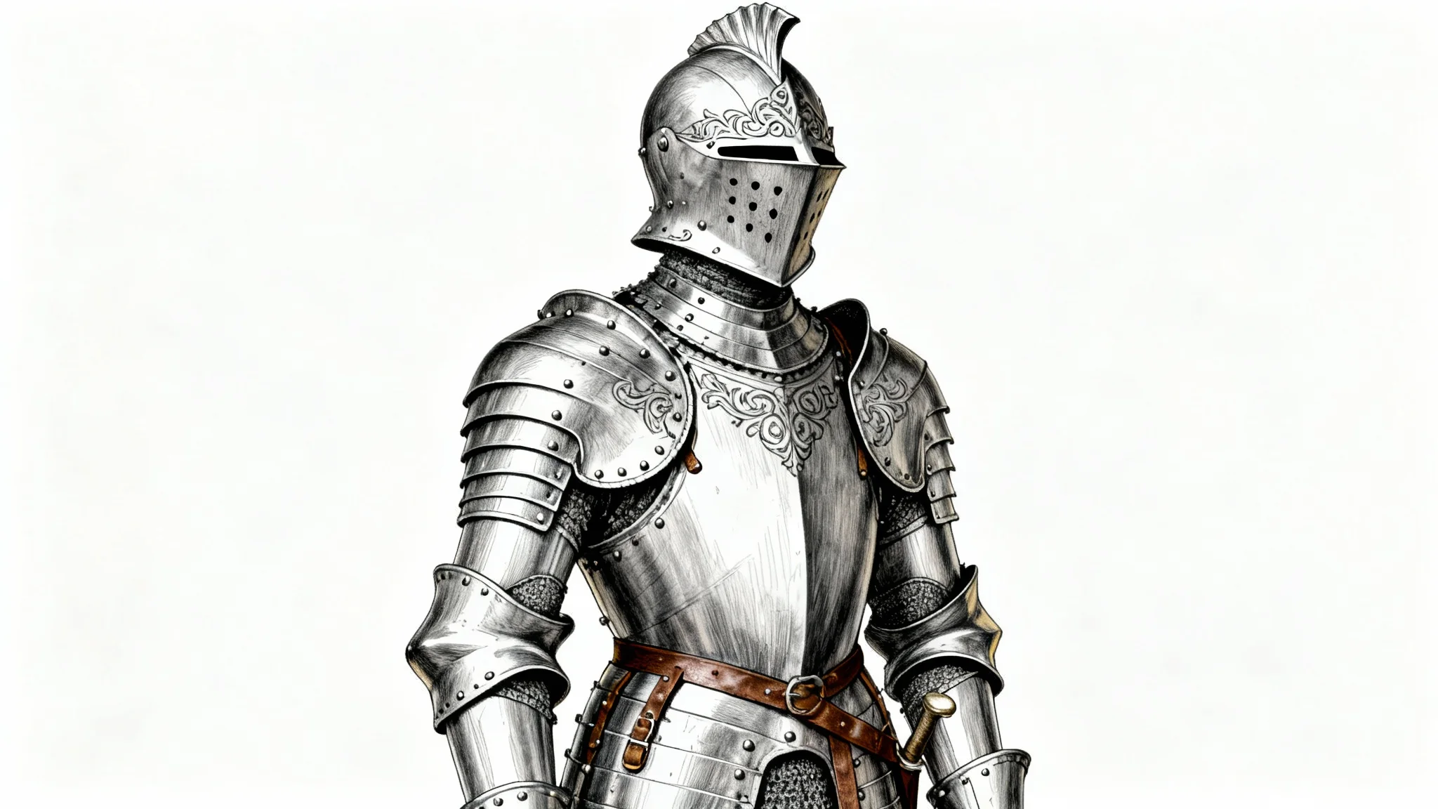 A detailed concept art drawing of a medieval knight's full suit of armor, displayed against a clean white background.