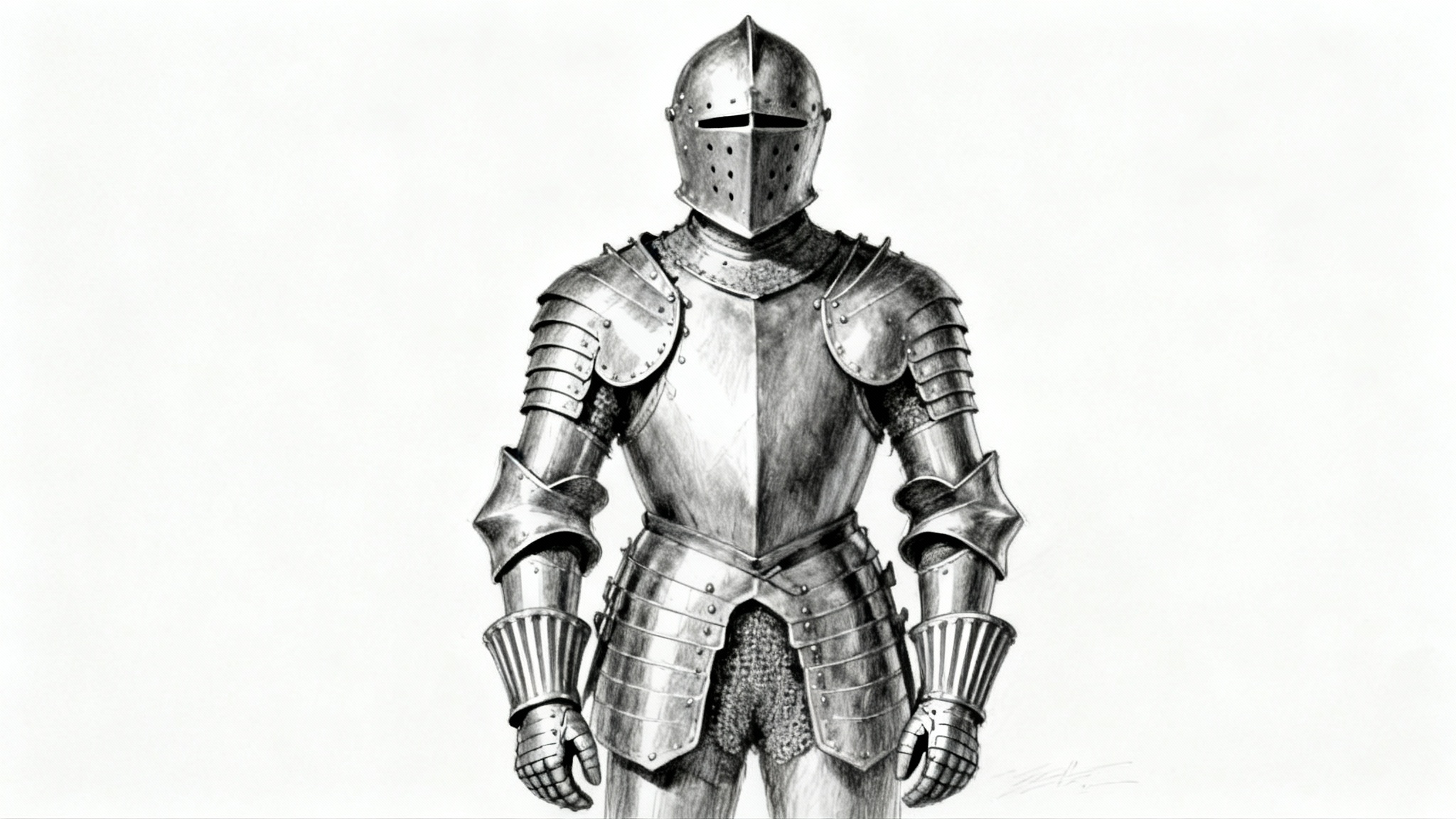 A detailed pencil drawing of a complete suit of medieval knight's armor, standing upright on a clean white background.