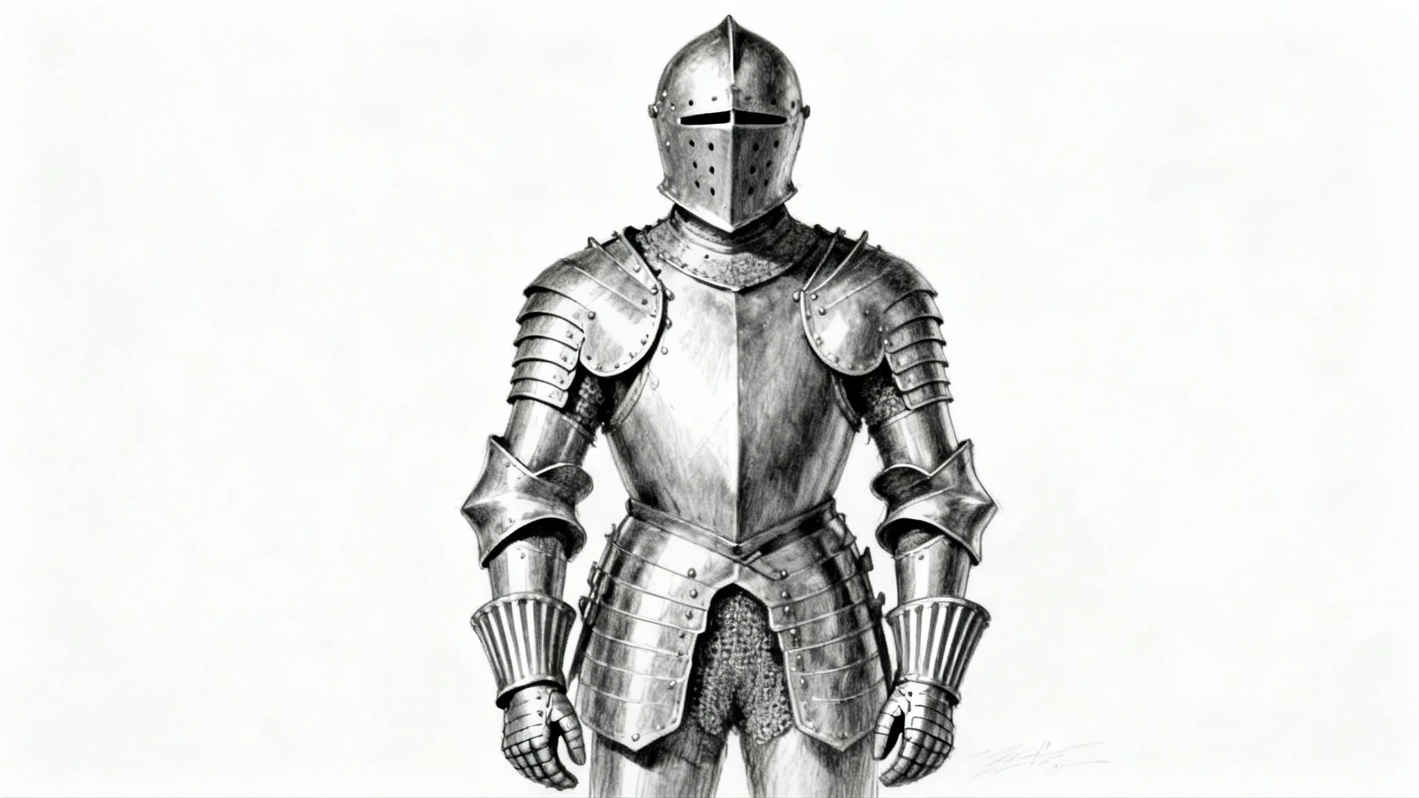 A detailed pencil drawing of a complete suit of medieval knight's armor, standing upright on a clean white background.