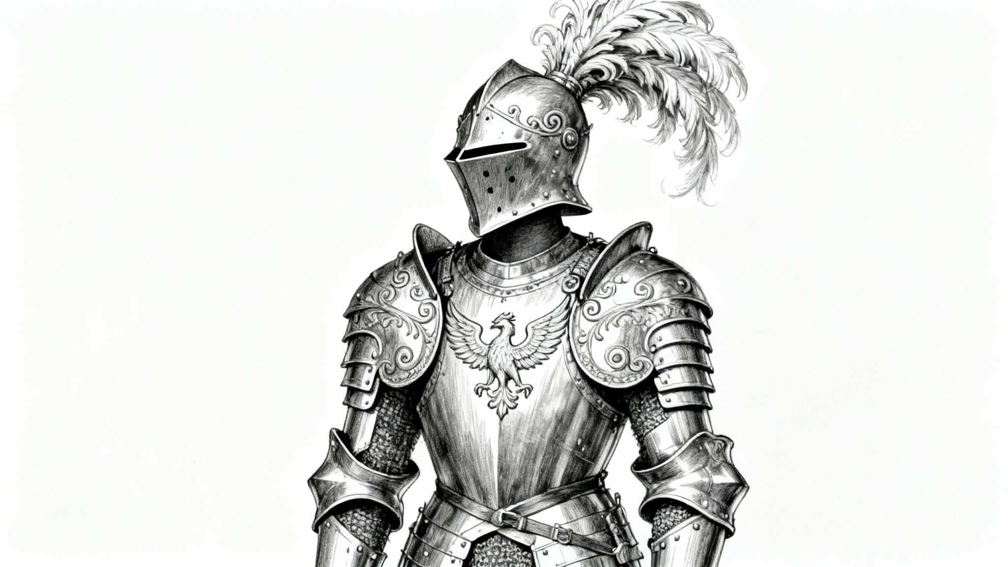 A detailed black and white concept art sketch of an ornate suit of knight's armor, complete with a plumed helmet and engraved breastplate, standing against a plain white background.