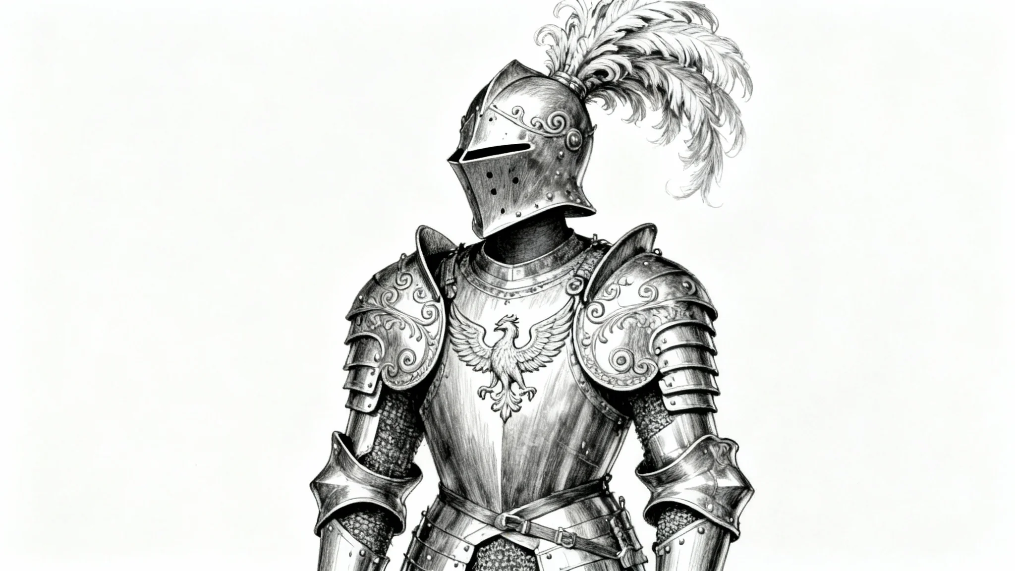 A detailed black and white concept art sketch of an ornate suit of knight's armor, complete with a plumed helmet and engraved breastplate, standing against a plain white background.