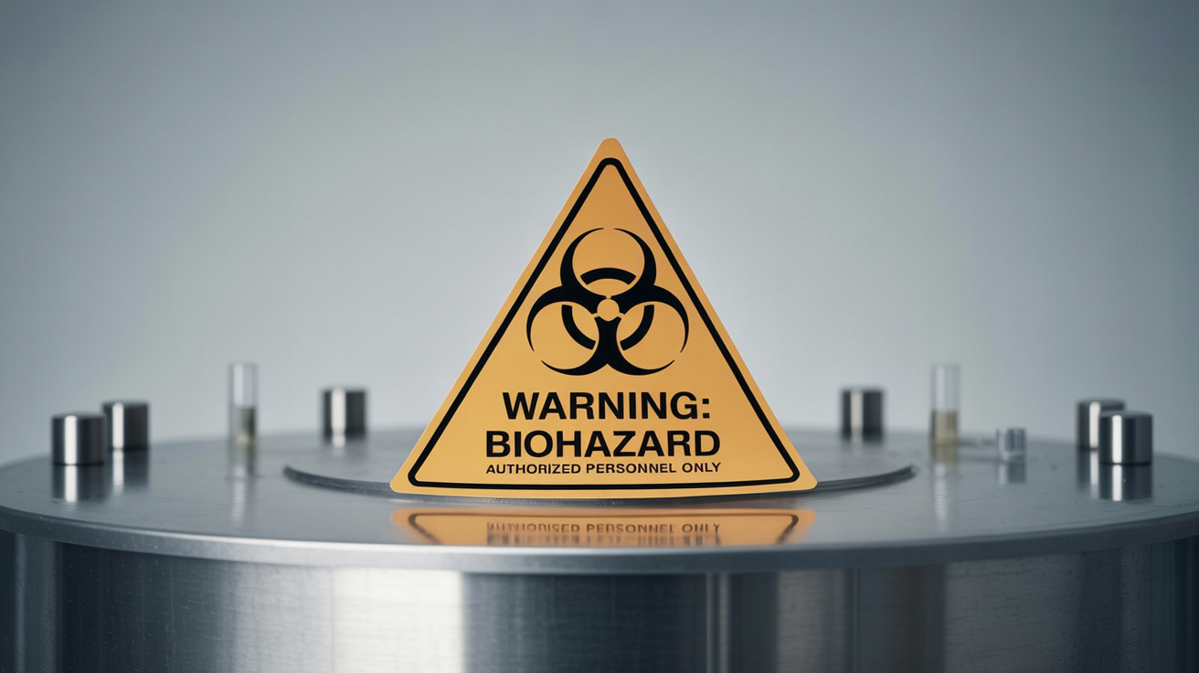 A close-up, photorealistic image of a professional 'WARNING: BIOHAZARD' label with a biohazard symbol, affixed to a stainless steel machine in a clean industrial setting.