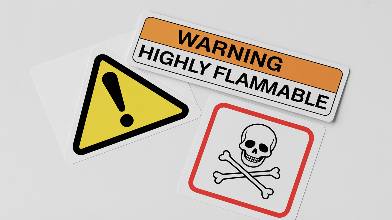 A collection of realistic warning label mockups, including a triangular caution sign, a rectangular 'WARNING Highly Flammable' label, and a square 'DANGER' label, all displayed on a clean white surface.