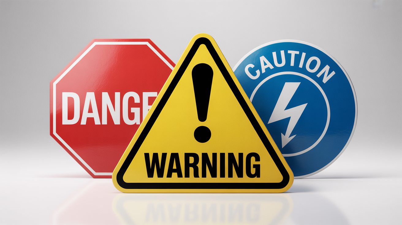 A mockup of three modern warning labels on a white background: a yellow triangular label with 'WARNING', a red octagonal label with 'DANGER', and a blue circular label with 'CAUTION'.