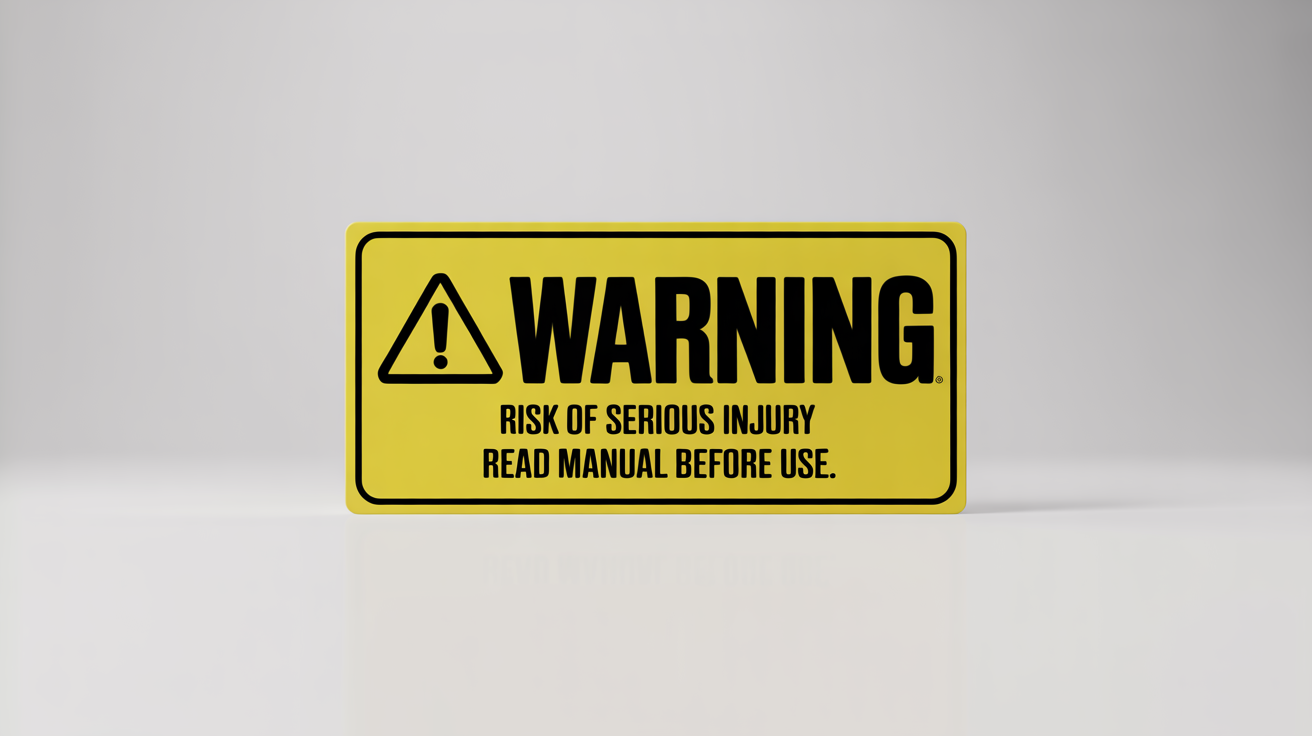 A photorealistic mockup of a bright yellow and black rectangular warning label on a white background. It features a hazard symbol and the legible text 'WARNING' in bold.