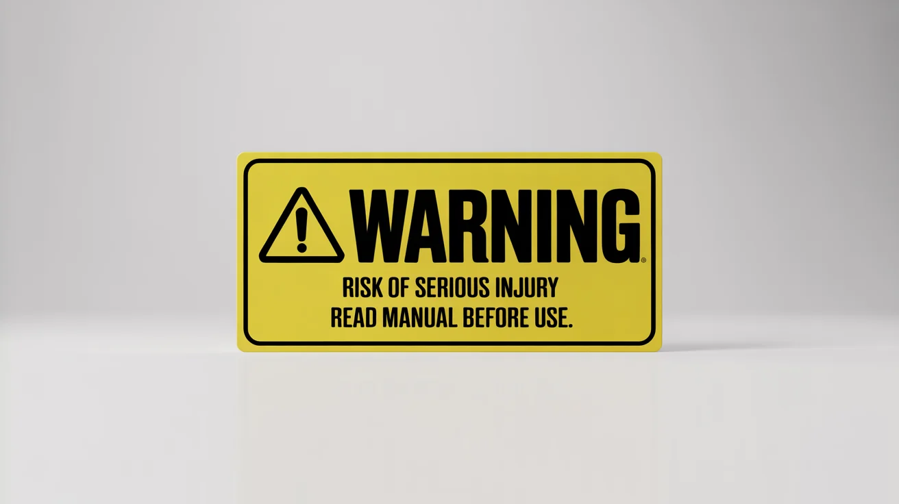 A photorealistic mockup of a bright yellow and black rectangular warning label on a white background. It features a hazard symbol and the legible text 'WARNING' in bold.
