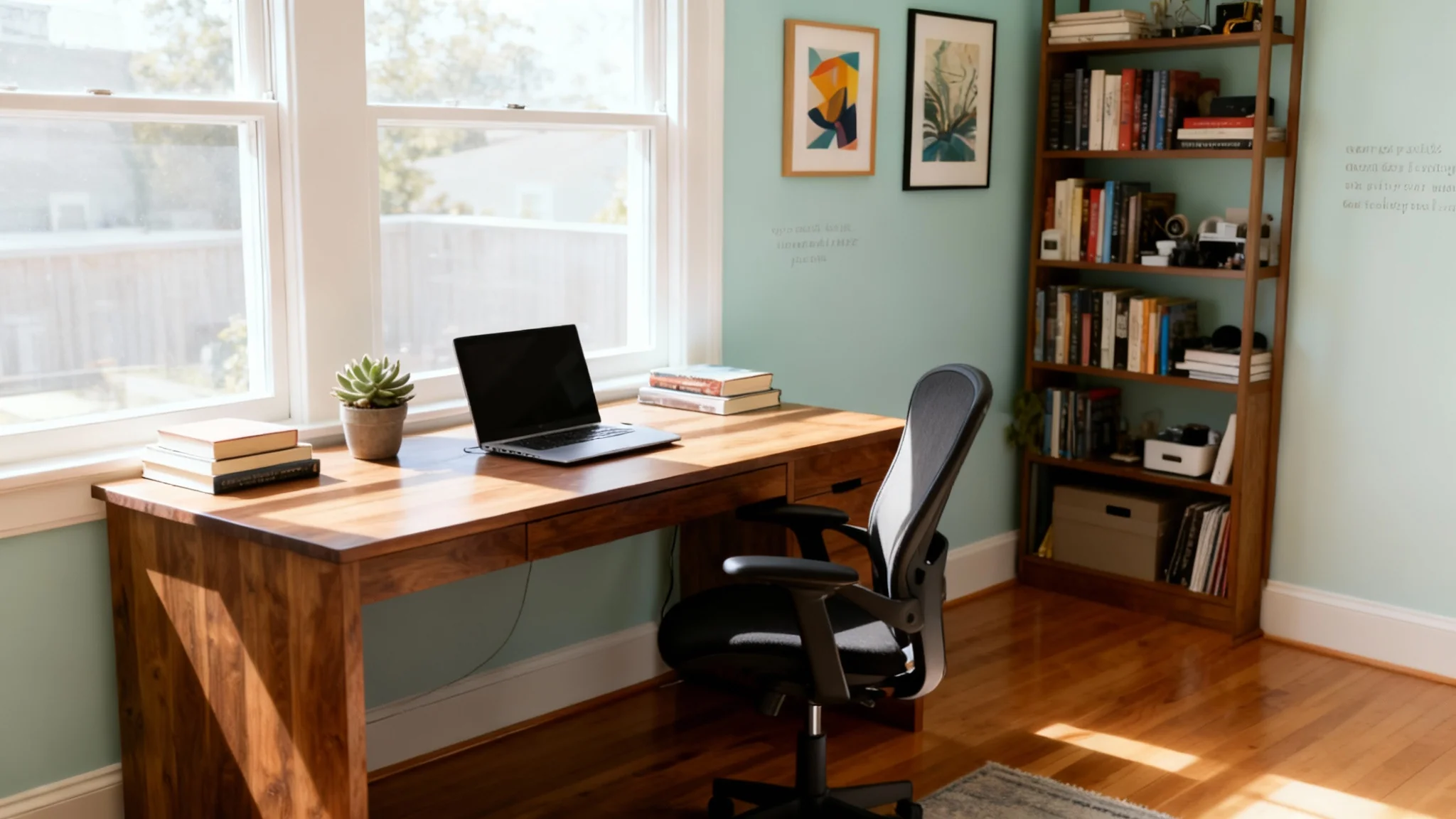 A photorealistic image of a bright and inviting home office, designed to be used as a virtual background for video calls. The scene shows a tidy wooden desk with a laptop in front of a window with soft natural light.