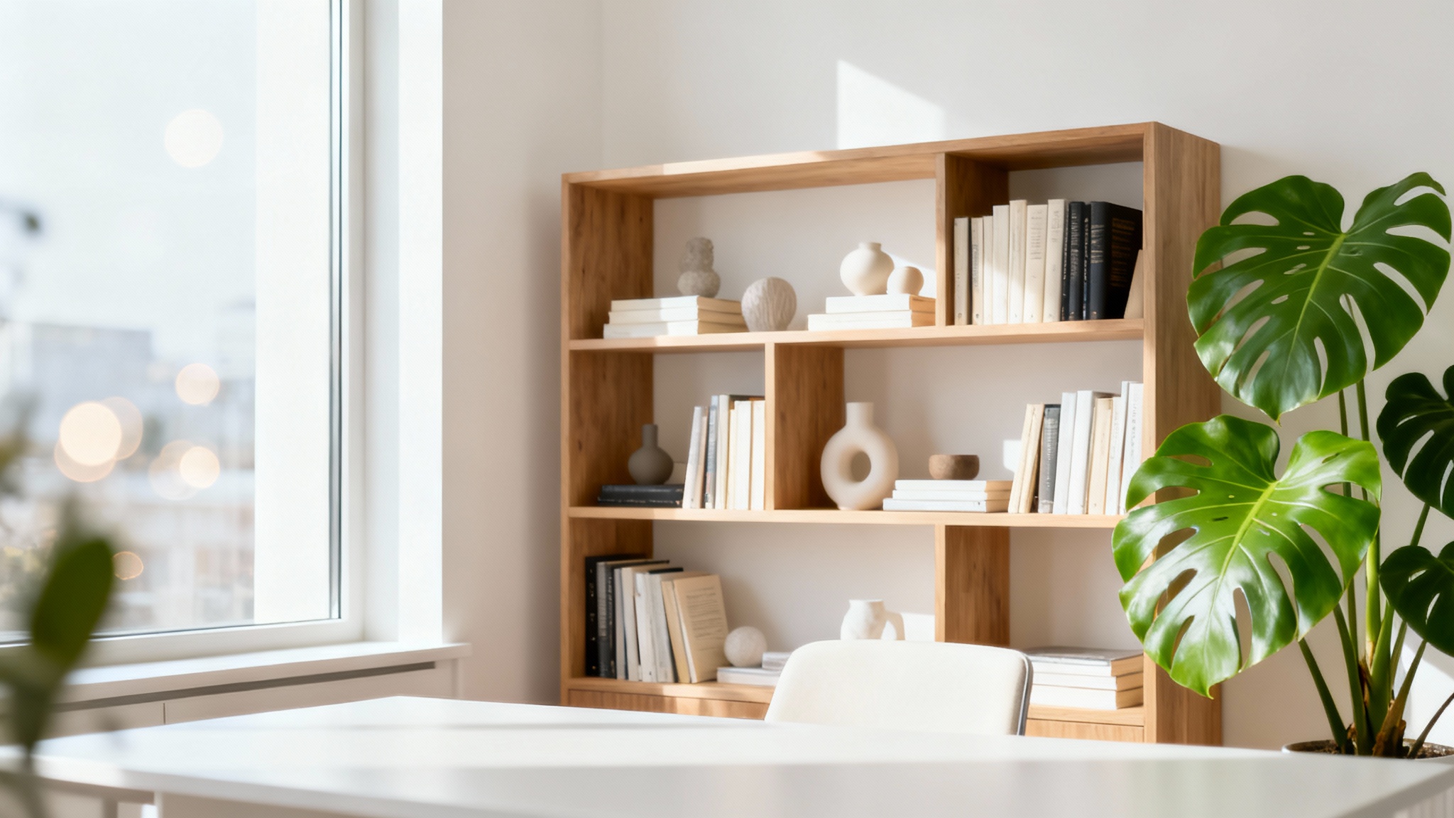 A bright and modern home office interior, designed as a professional virtual background, featuring a stylish bookshelf and a green plant in a well-lit, minimalist space.