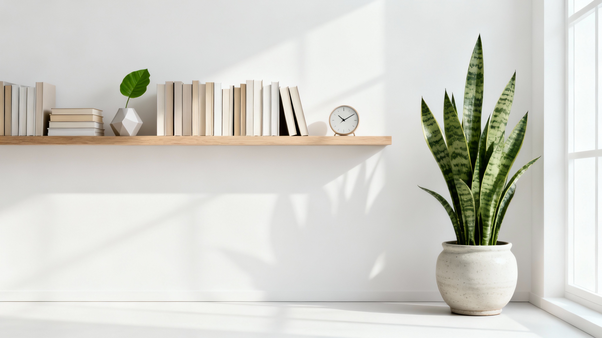 A modern and minimalist home office background featuring a neat wooden shelf with books and a plant against a clean white wall, designed for virtual meetings.