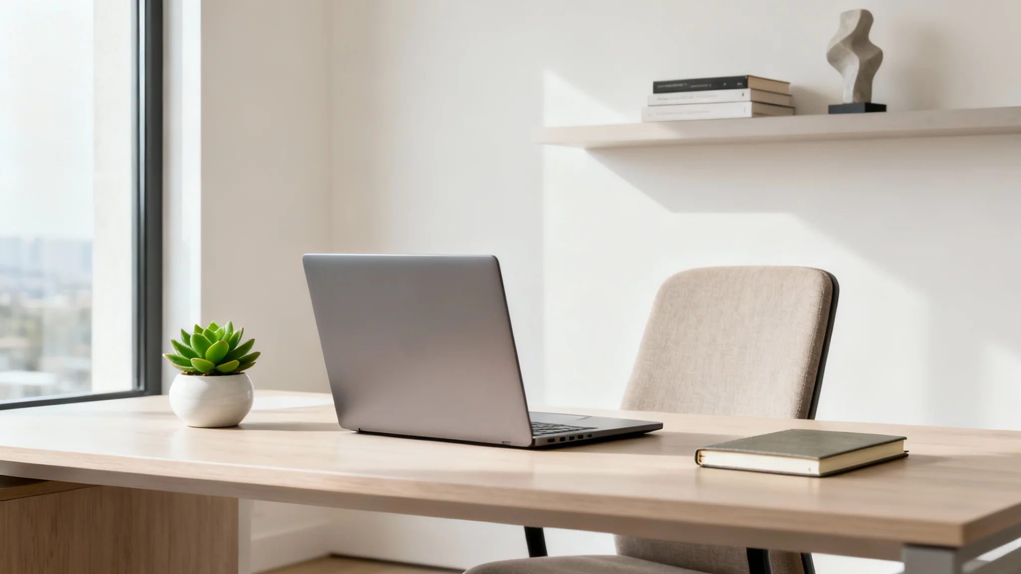 A photorealistic image of a clean, modern, and professional home office, perfect for use as a virtual background in video meetings.