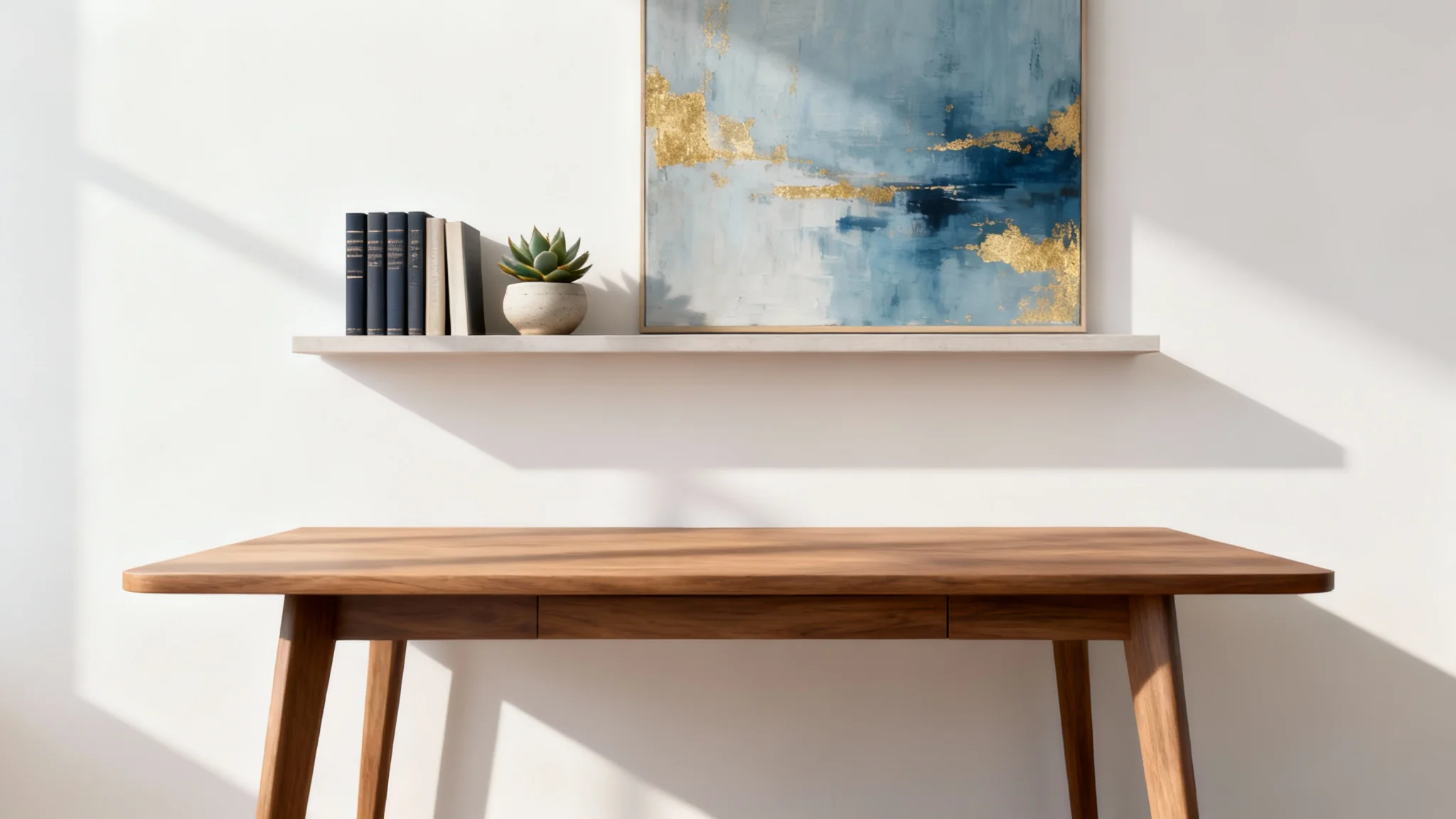 A professionally designed home office background featuring a minimalist wooden desk, a potted plant, and abstract art, creating a bright and inviting atmosphere for video calls.