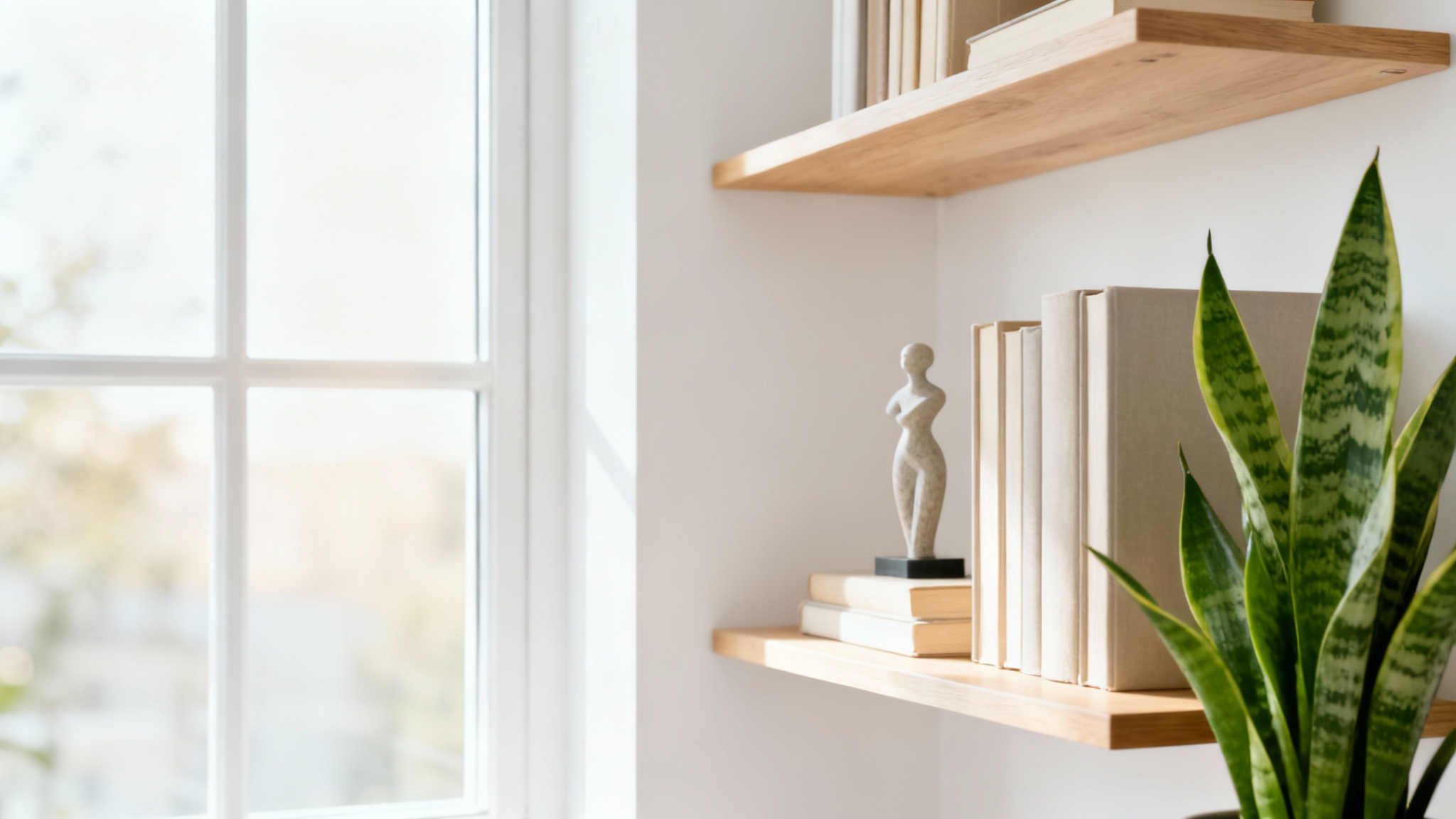 A photorealistic mockup of a modern home office background, featuring a neatly organized bookshelf with books and a plant, illuminated by soft natural light.