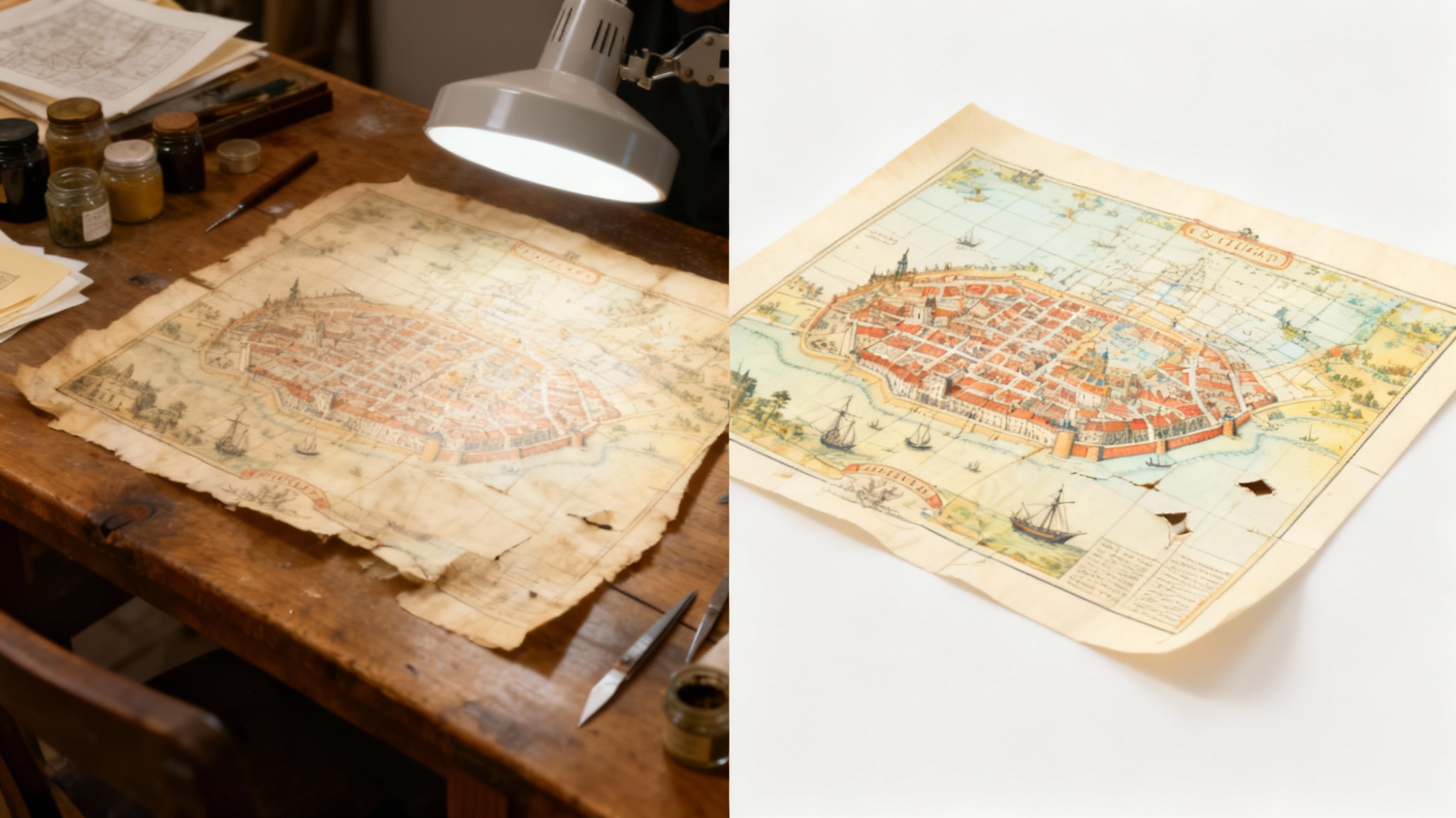 A side-by-side comparison of an antique map before and after restoration. The 'before' side is faded and damaged, while the 'after' side is vibrant, clean, and fully repaired, showing the effectiveness of the restoration process.