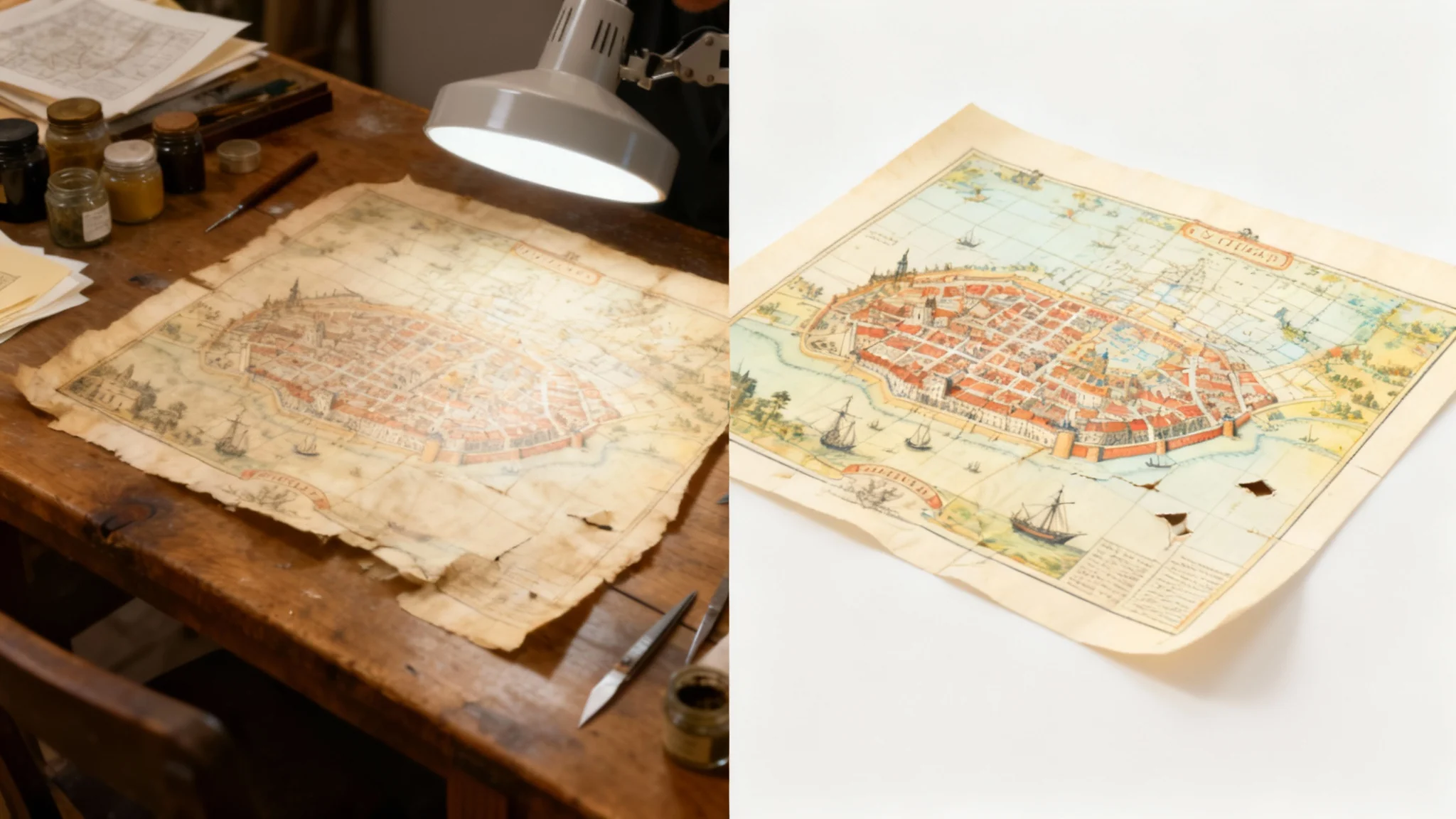 A side-by-side comparison of an antique map before and after restoration. The 'before' side is faded and damaged, while the 'after' side is vibrant, clean, and fully repaired, showing the effectiveness of the restoration process.